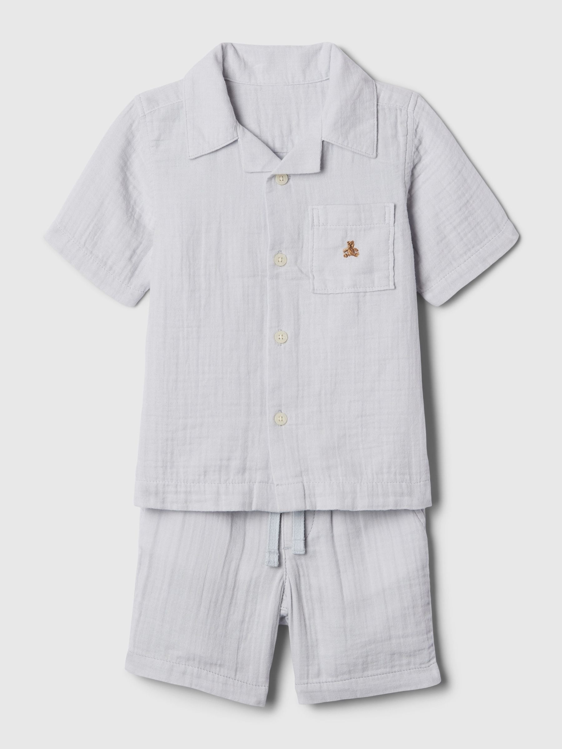 Grey Crinkle Cotton Brannan Bear Shirt and Shorts Set (6mths-5yrs) - Image 1 of 3