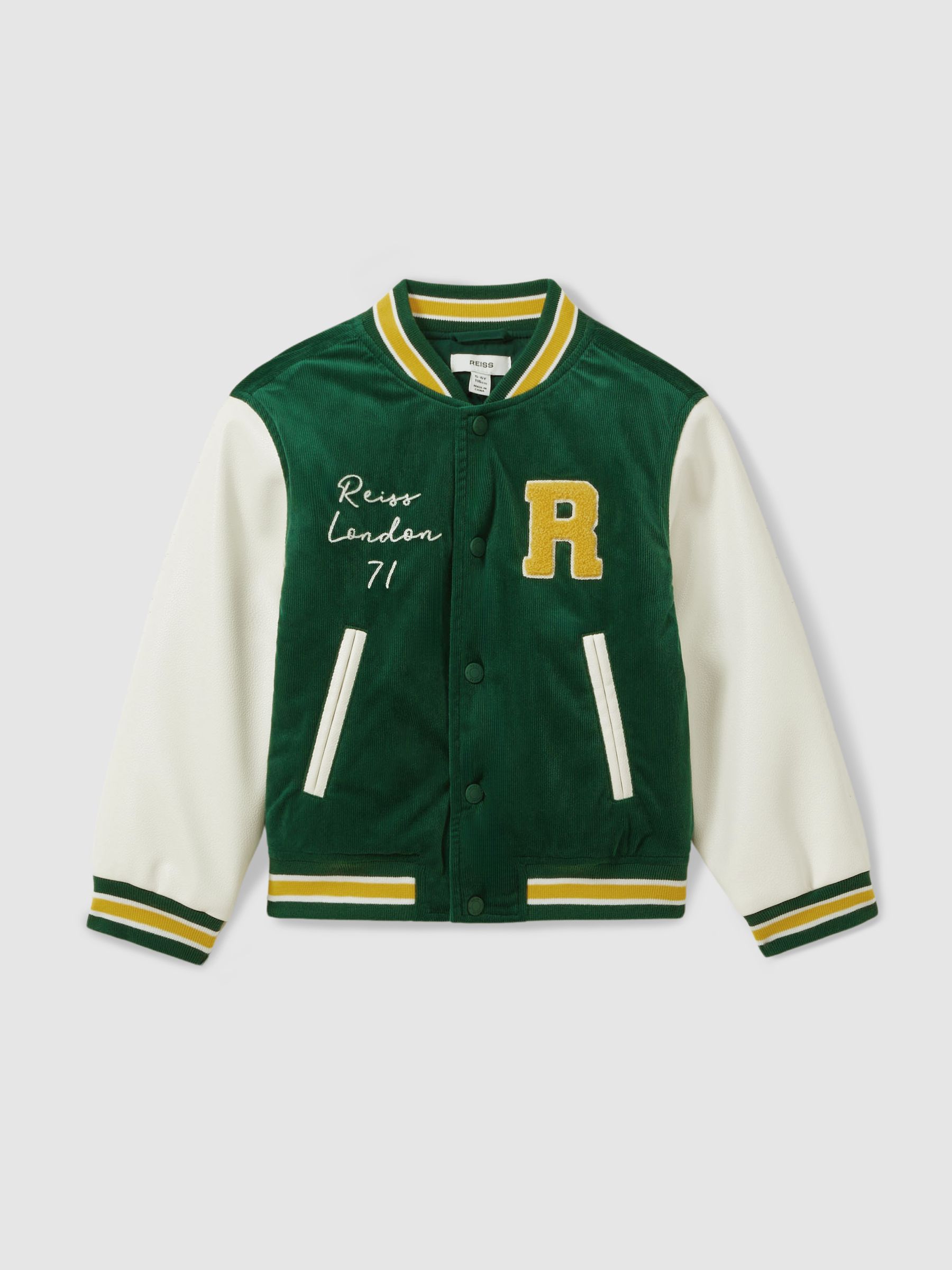 3-9 yrs Hybrid Cord-Faux Leather Varsity Bomber Jacket in Forest Green - Image 2 of 5