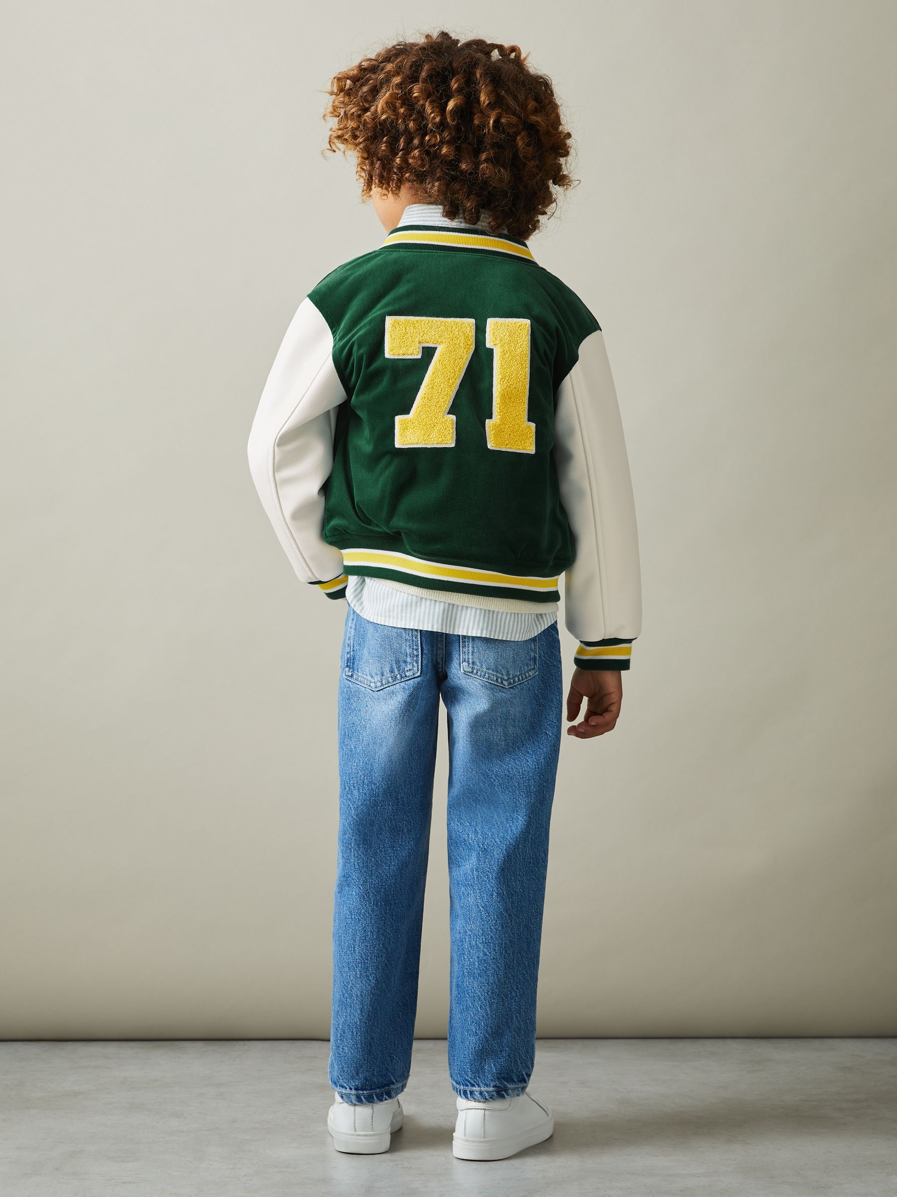 3-9 yrs Hybrid Cord-Faux Leather Varsity Bomber Jacket in Forest Green - Image 3 of 5