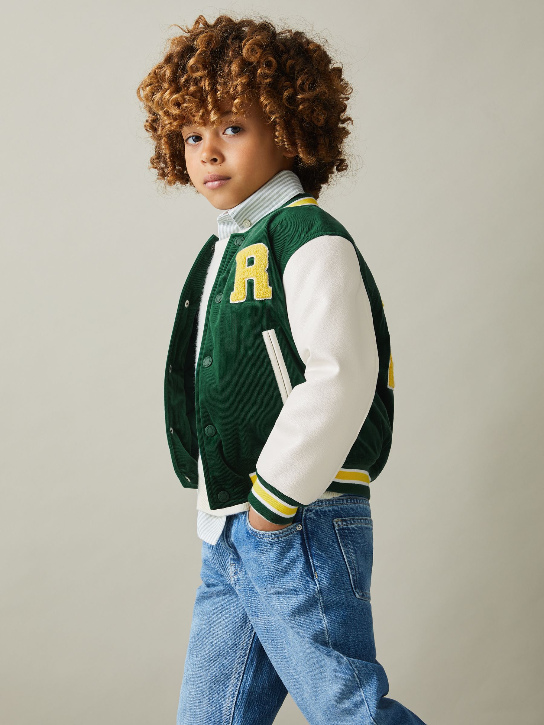 3-9 yrs Hybrid Cord-Faux Leather Varsity Bomber Jacket in Forest Green - Image 4 of 5
