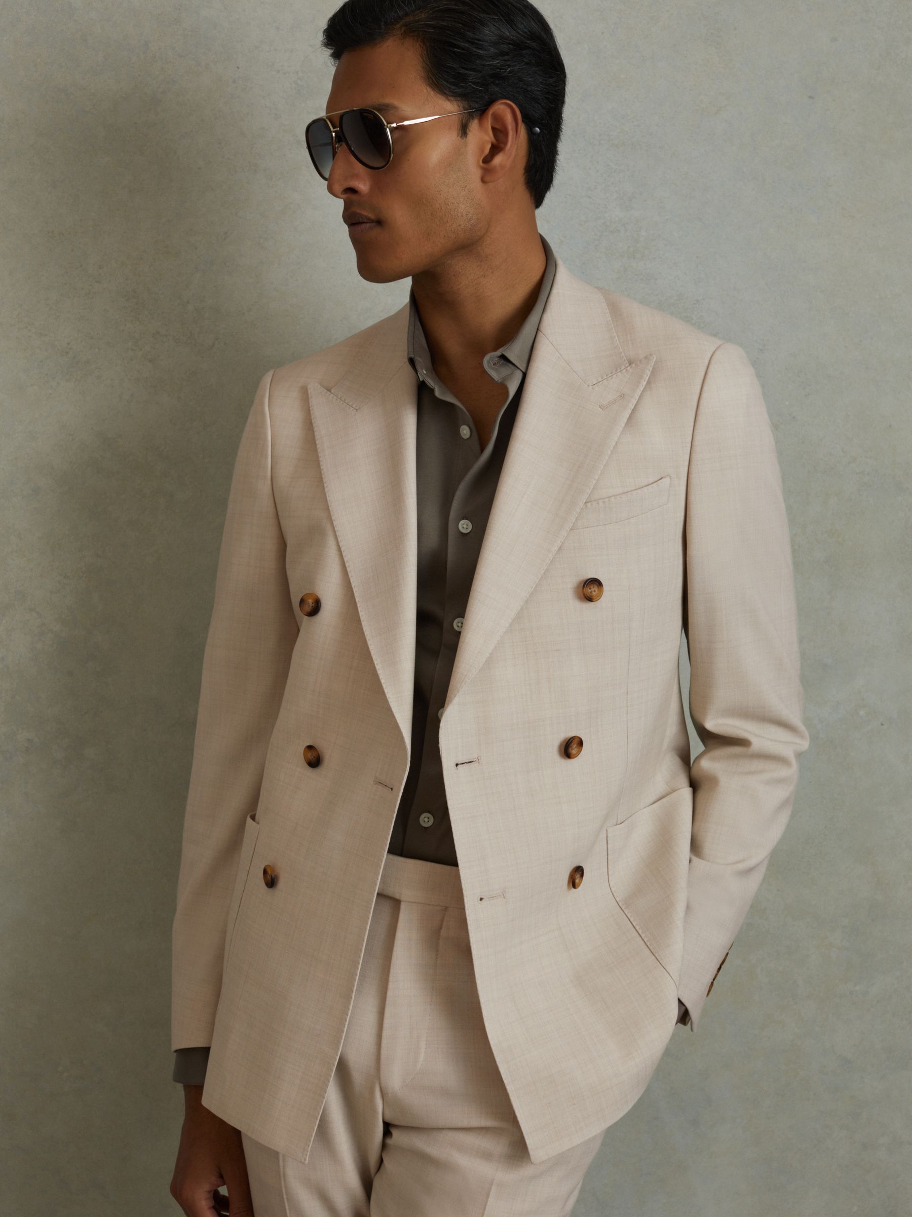 Double-Breasted Textured Blazer With Wool in Stone - Image 1 of 6