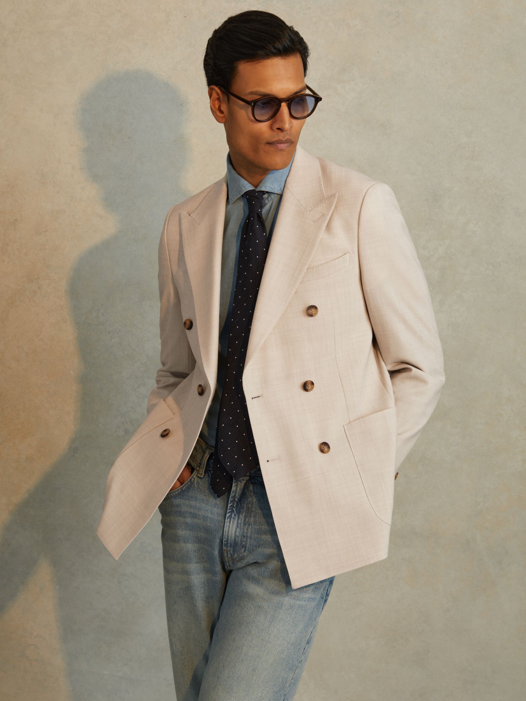 Double-Breasted Textured Blazer With Wool in Stone - Image 5 of 6