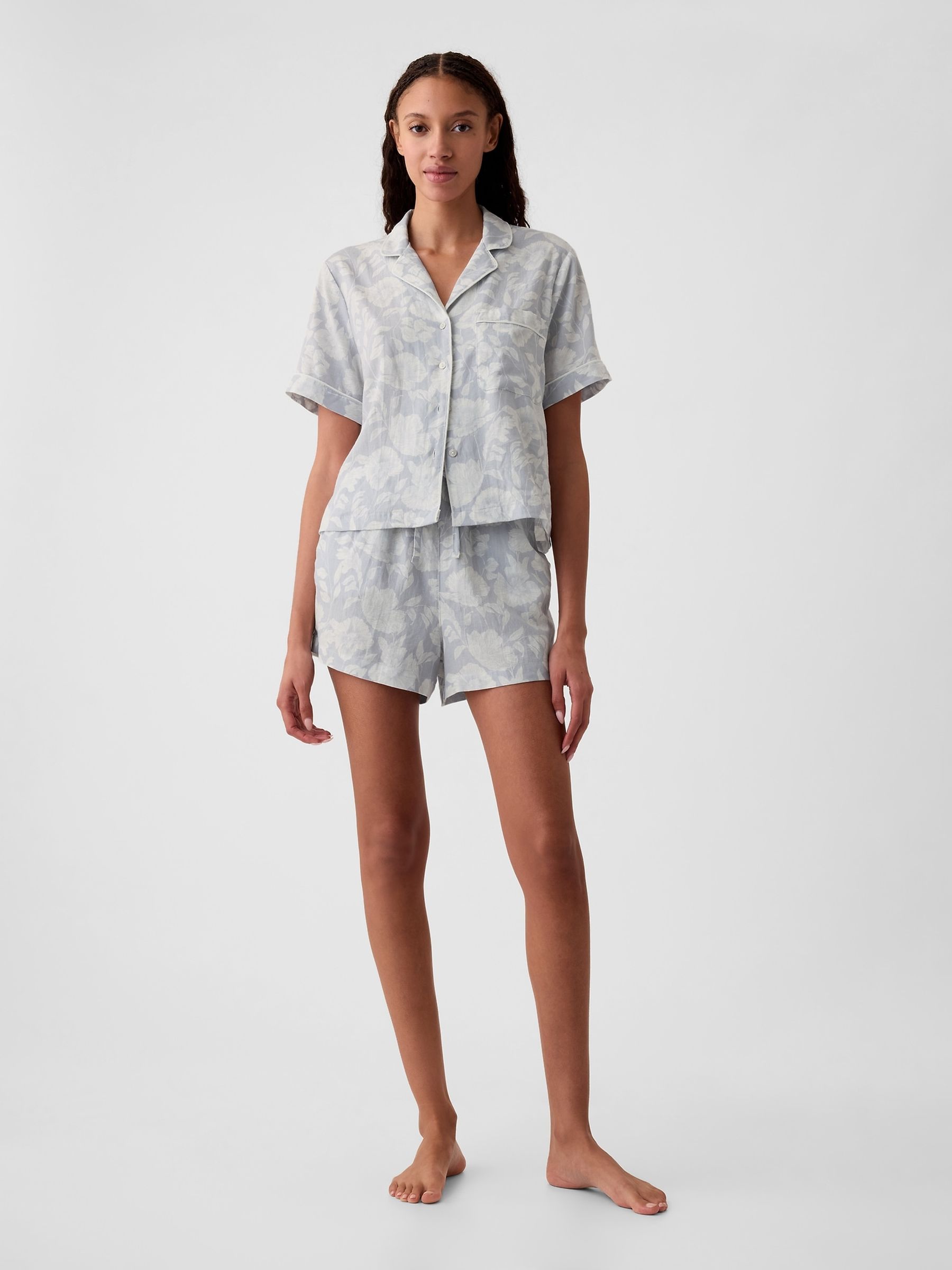 Grey Floral Linen-Blend Pyjama Shorts - Image 3 of 4