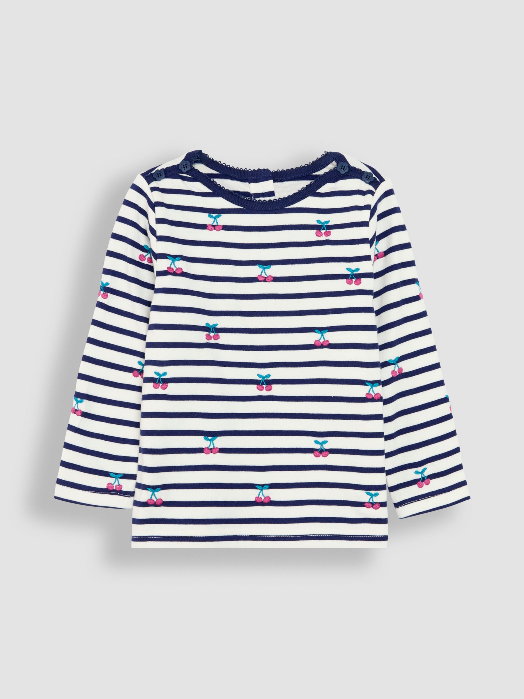 Navy Blue Cherry Button Shoulder Long Sleeve Embroidered Top - Image 1 of 3