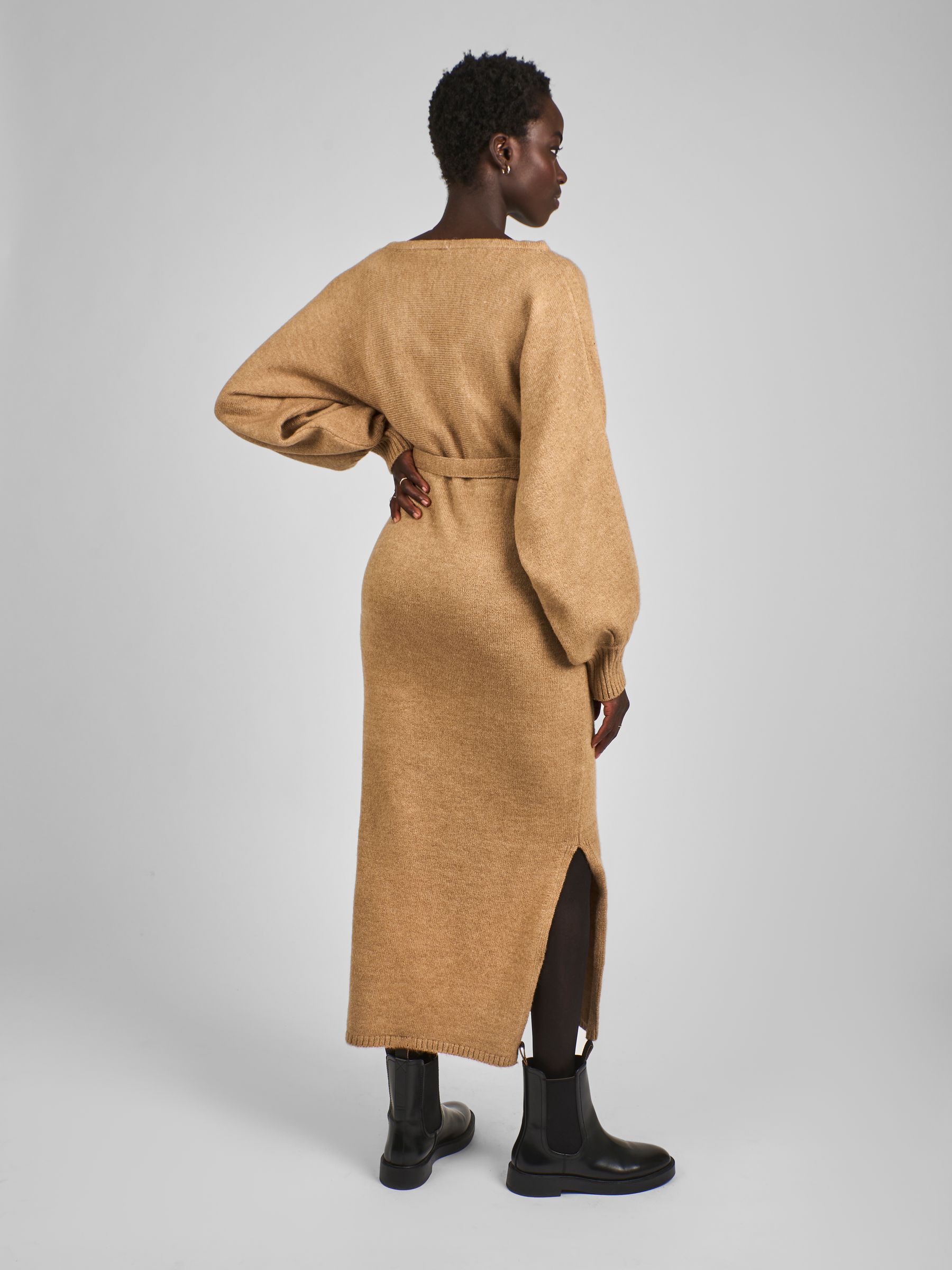 Camel Brown Knitted Blouson Sleeve V-Neck Maternity Dress - Image 2 of 5