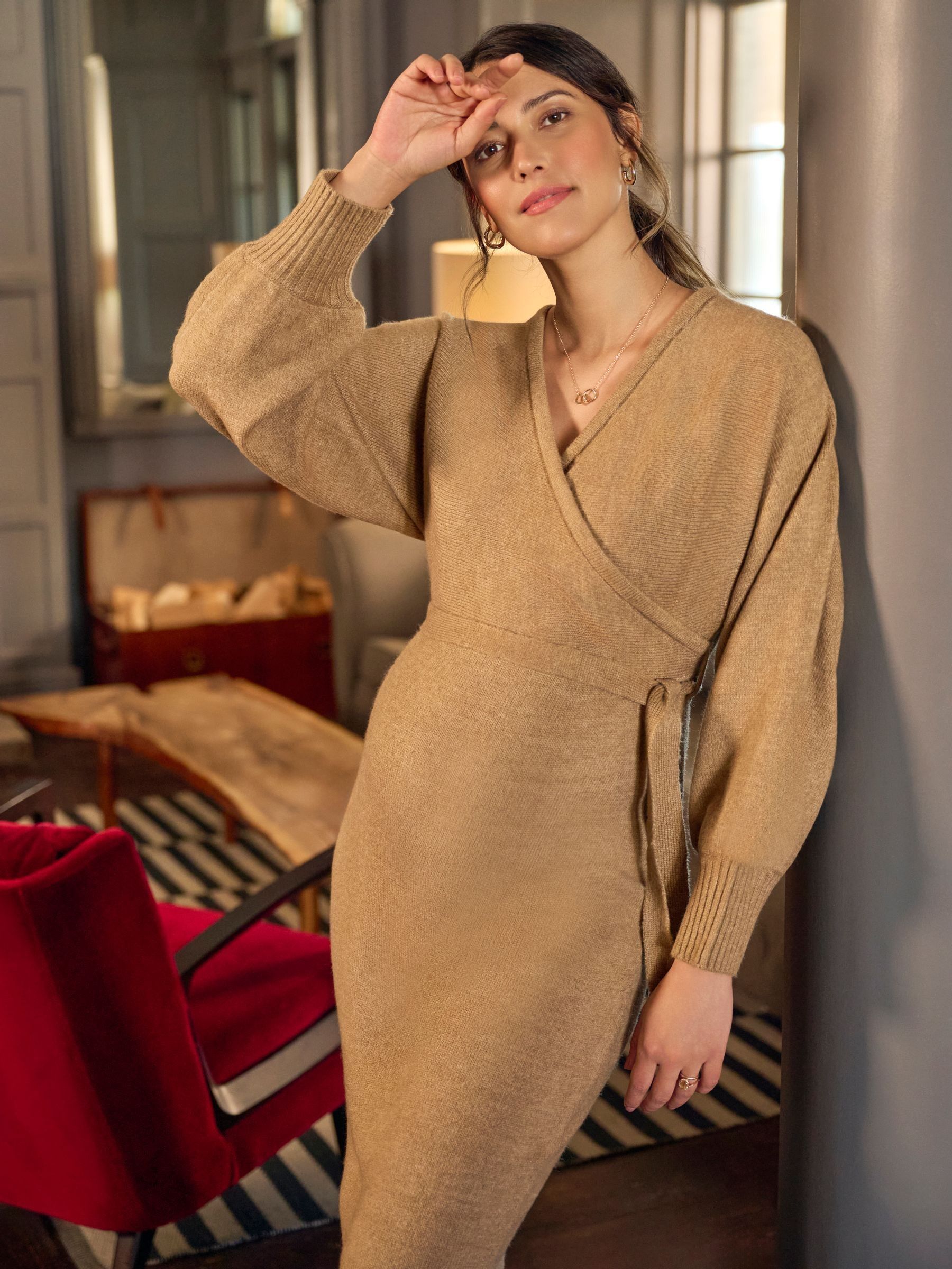 Camel Brown Knitted Blouson Sleeve V-Neck Maternity Dress - Image 5 of 5