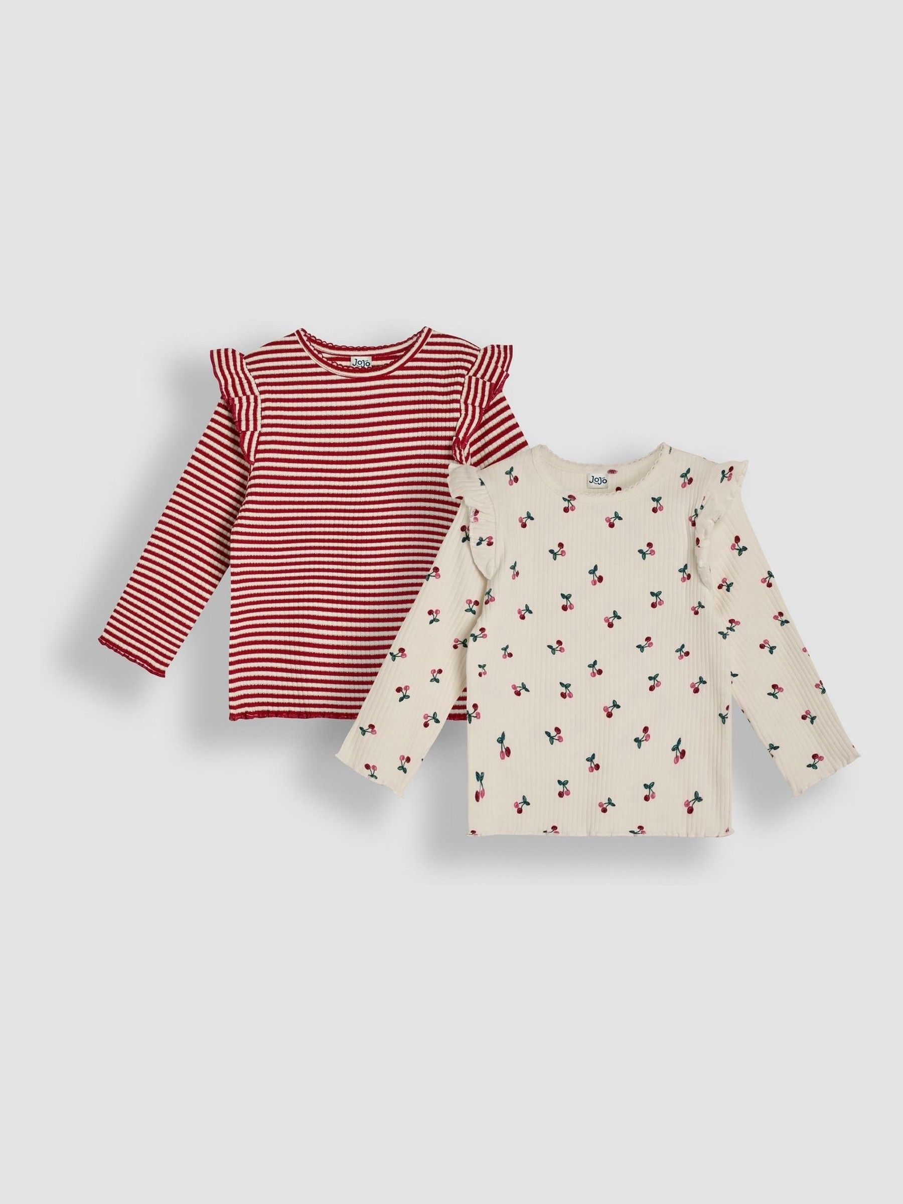 Cream 2-Pack Cherry & Stripe Frill Rib Tops - Image 1 of 5