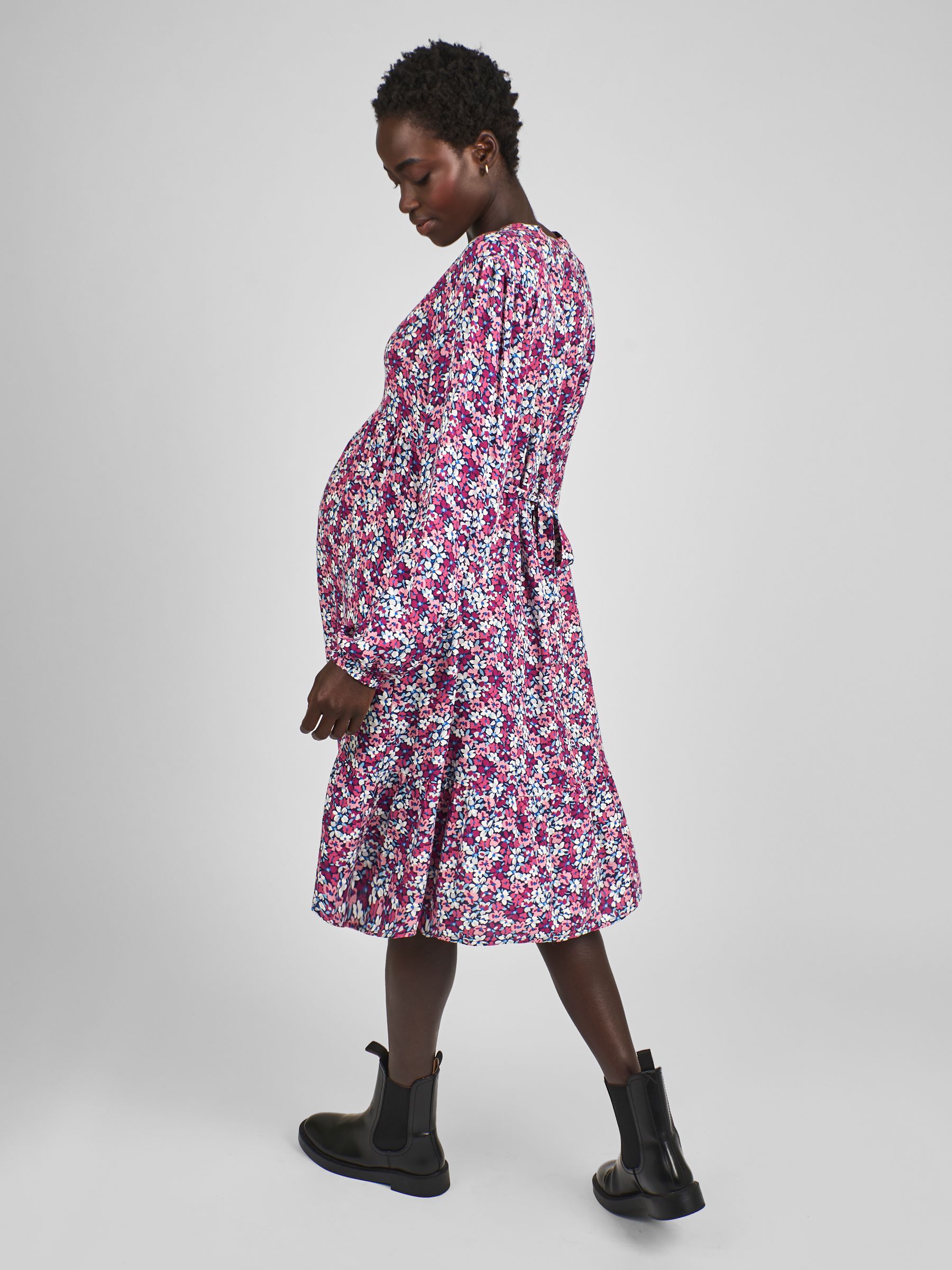 Navy Blue Floral Print Tiered Mini Maternity Dress - Image 2 of 6