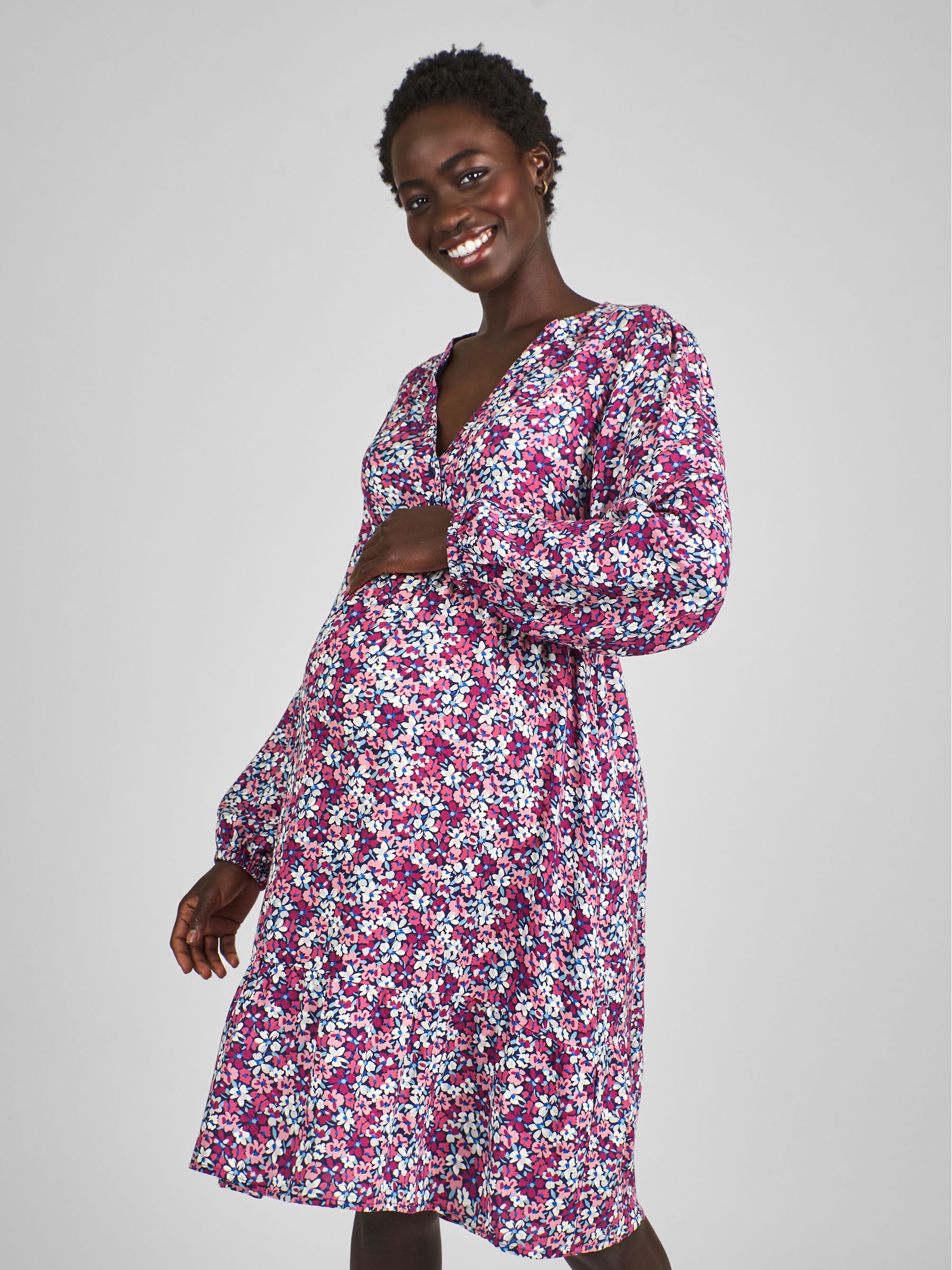 Navy Blue Floral Print Tiered Mini Maternity Dress - Image 3 of 6
