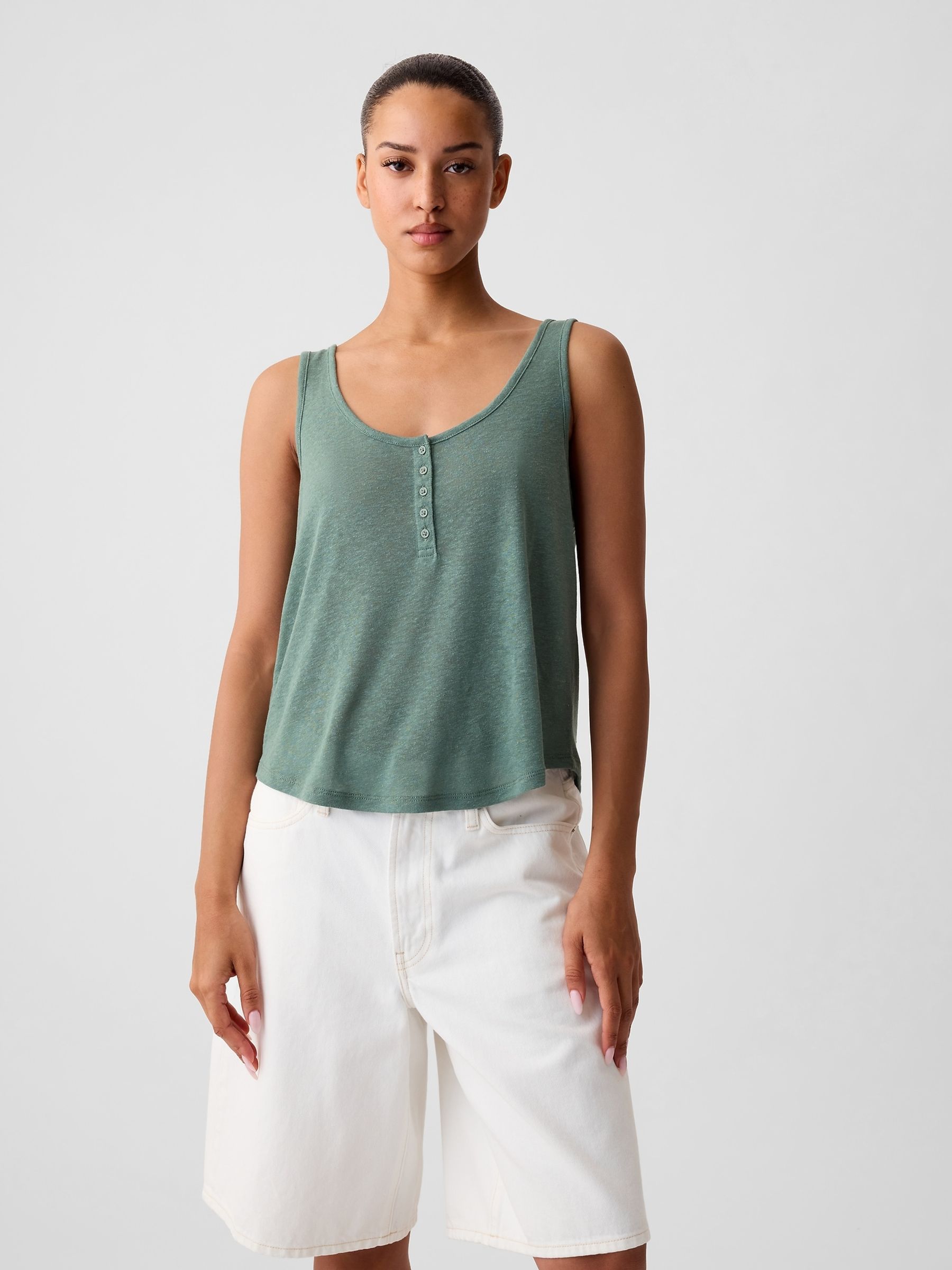 Green Linen Blend Sleeveless Henley Vest Top - Image 1 of 4