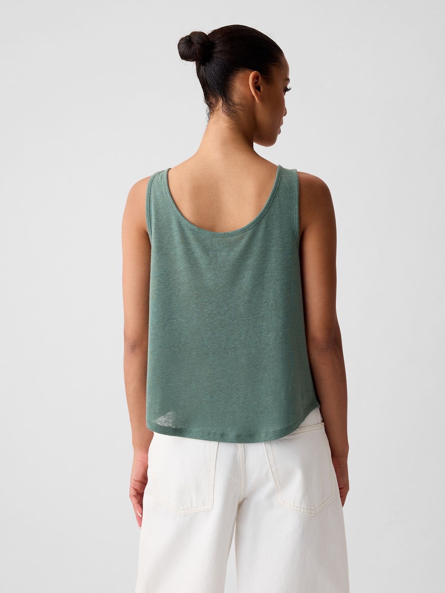 Green Linen Blend Sleeveless Henley Vest Top - Image 2 of 4