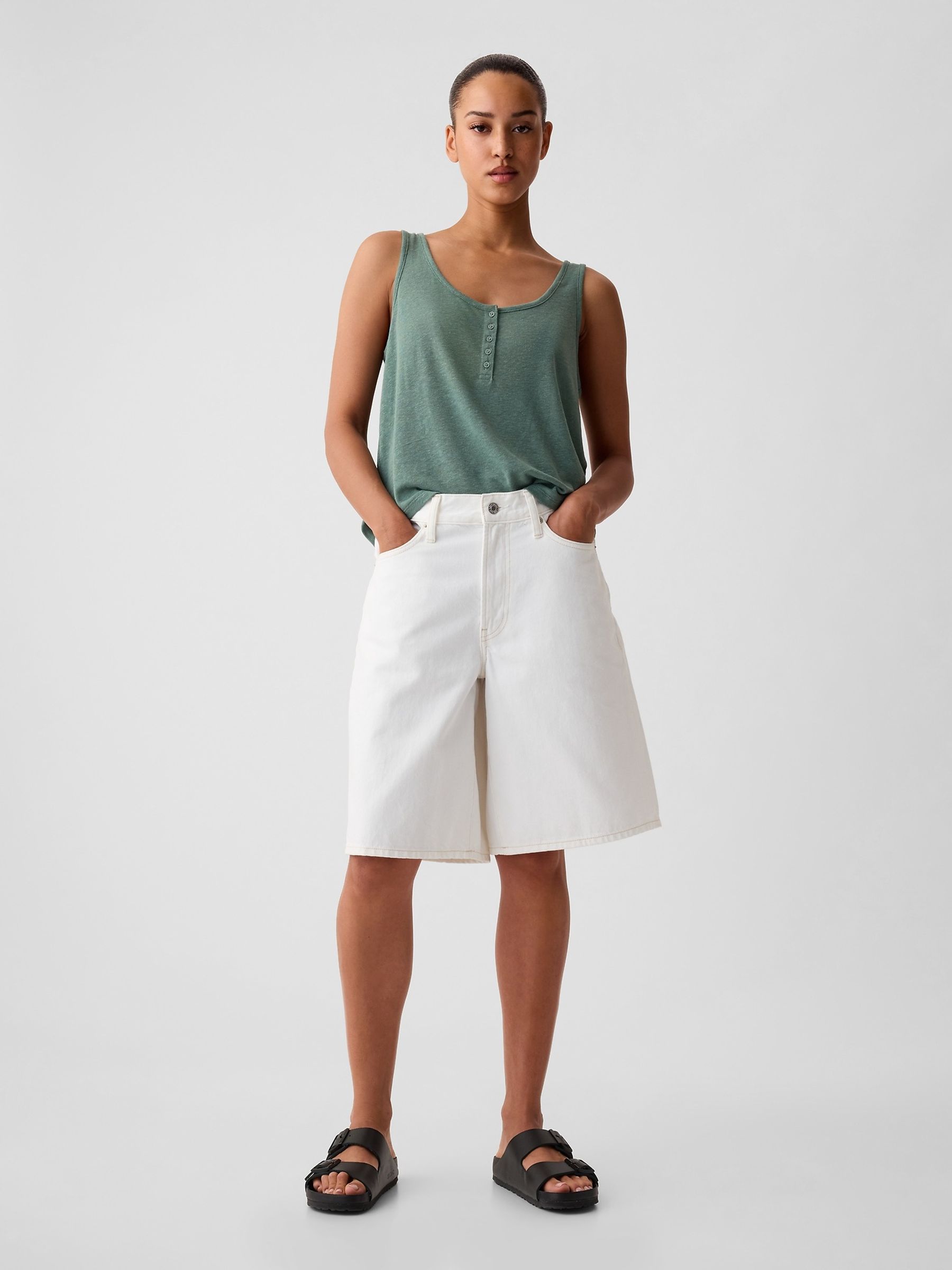 Green Linen Blend Sleeveless Henley Vest Top - Image 3 of 4