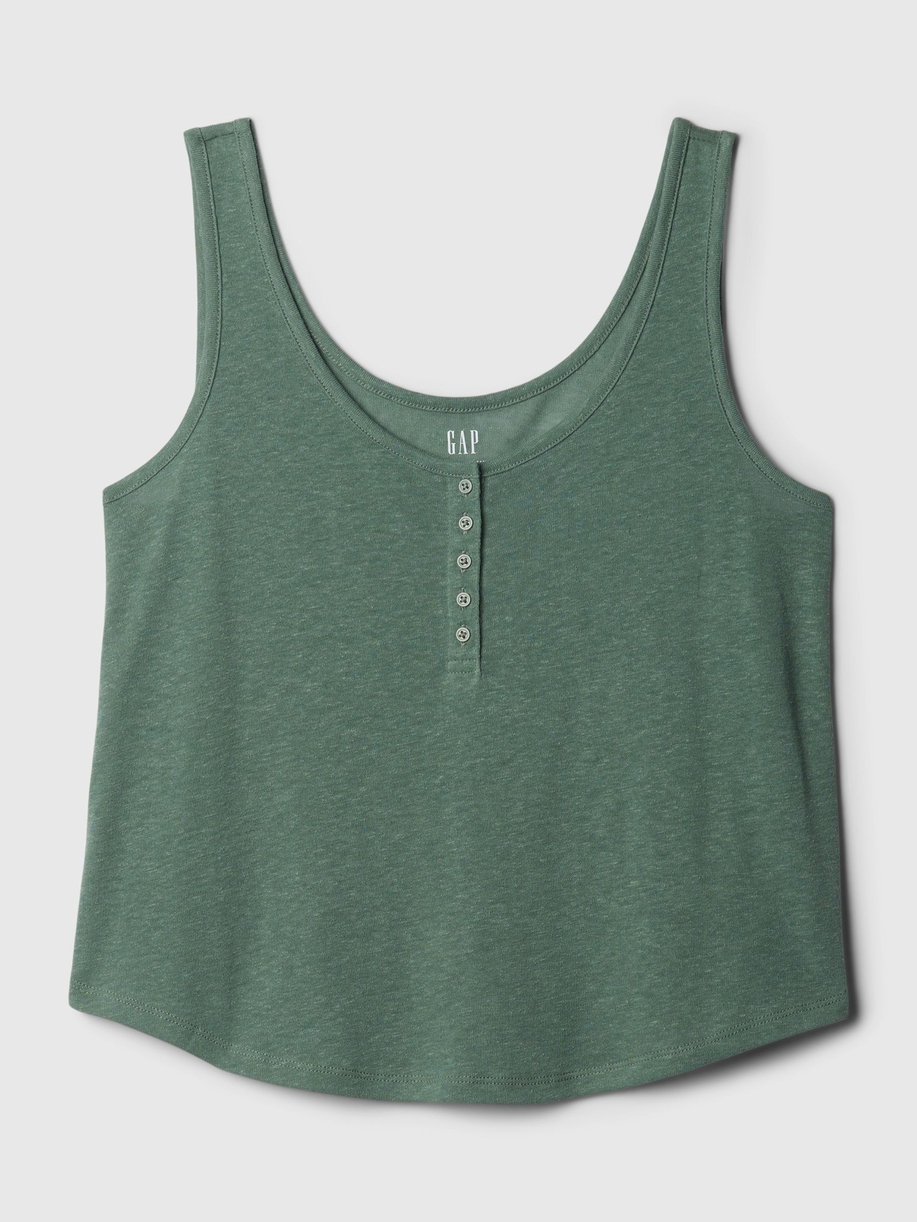Green Linen Blend Sleeveless Henley Vest Top - Image 4 of 4