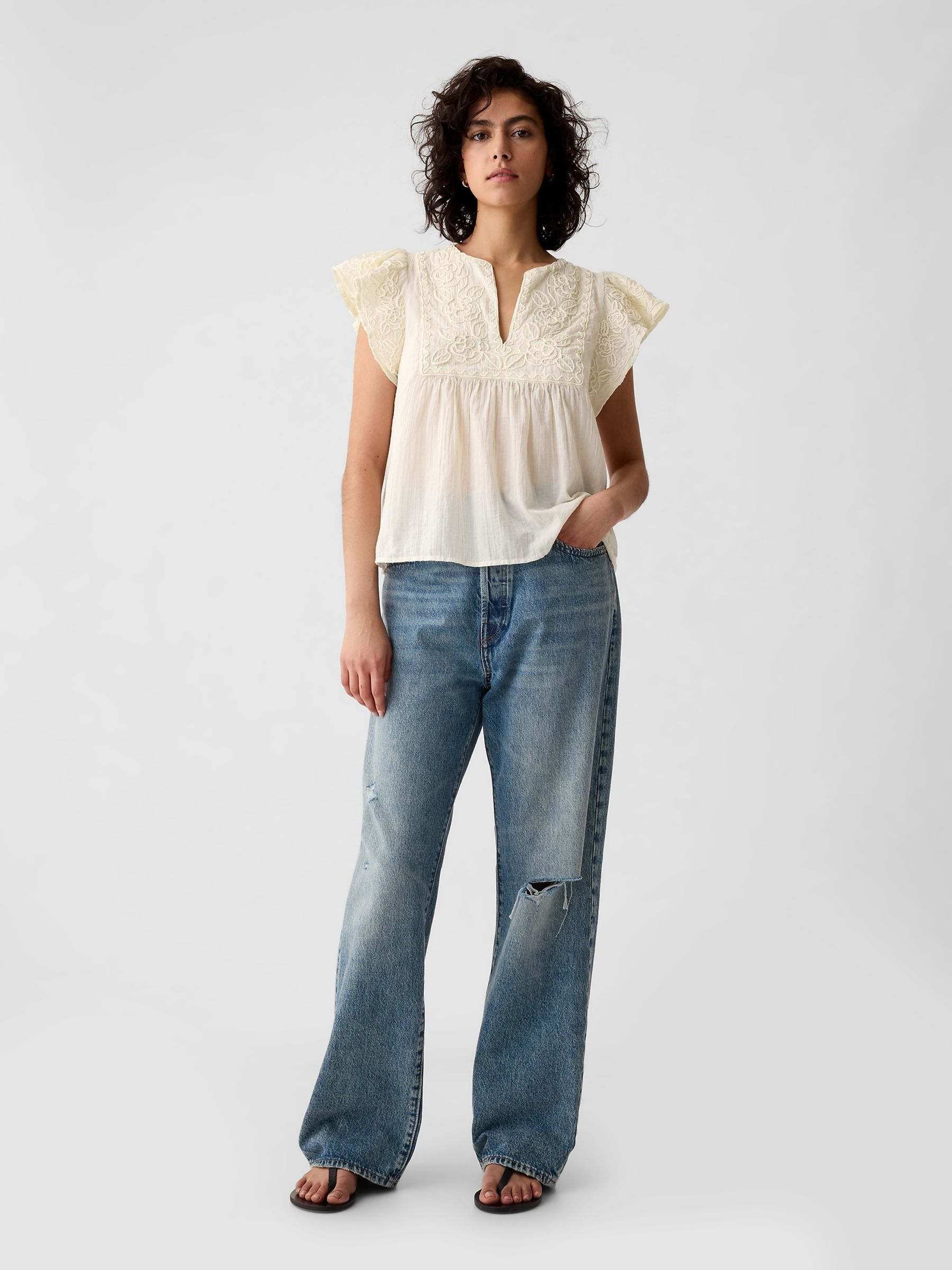 Cream Crinkle Gauze Embroidered Cropped Shirt - Image 3 of 5