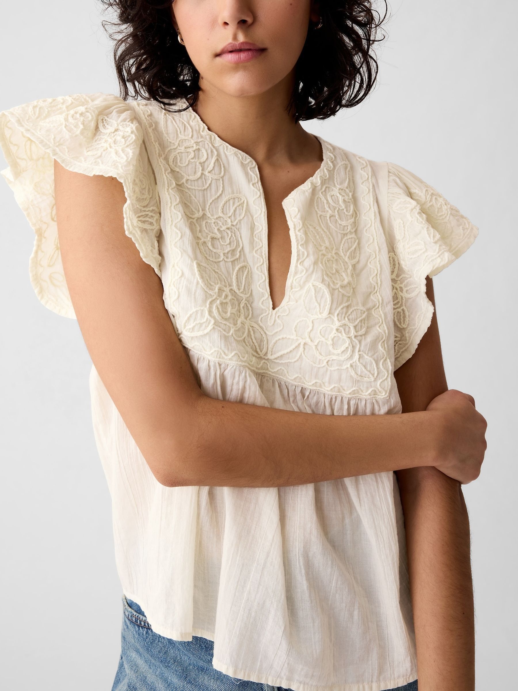 Cream Crinkle Gauze Embroidered Cropped Shirt - Image 4 of 5