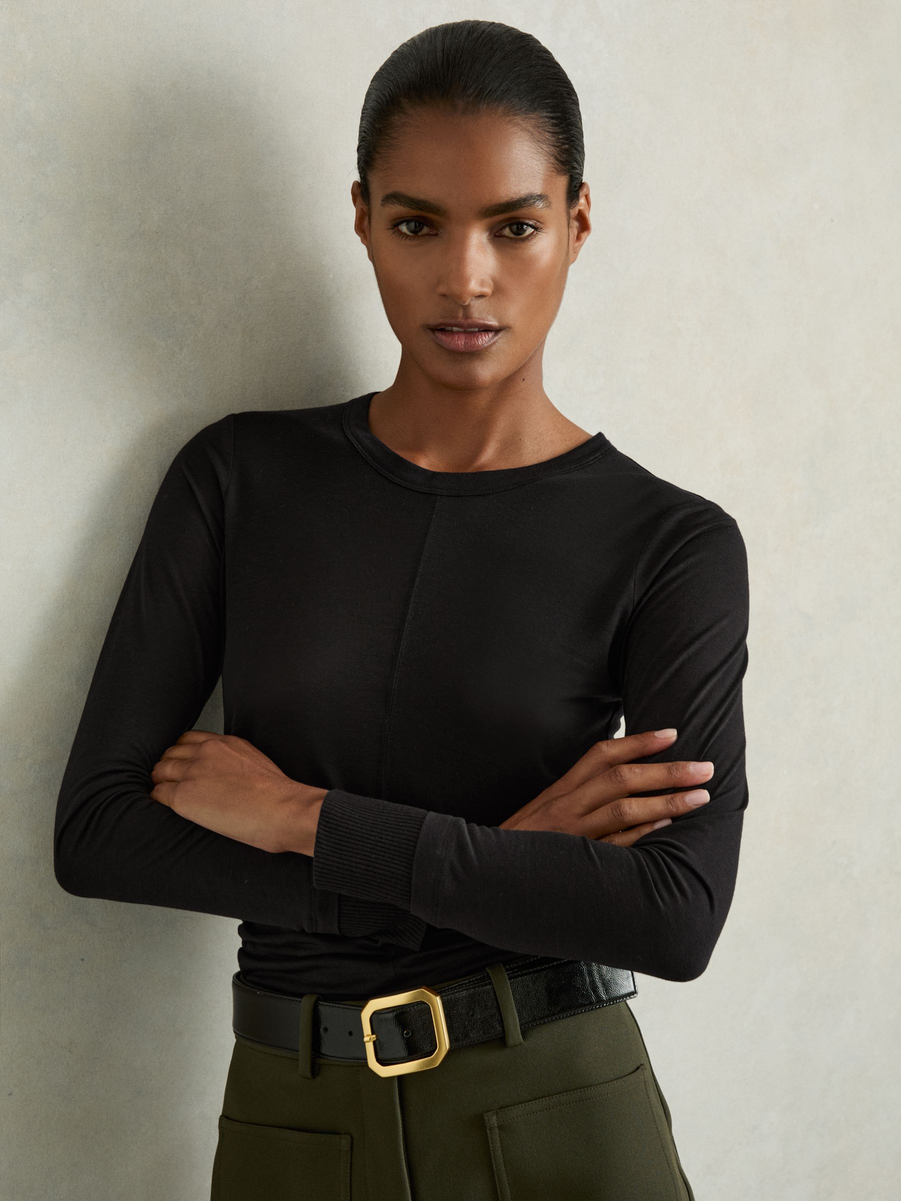 Ruched Side Crew-Neck Top in Black - Image 1 of 6