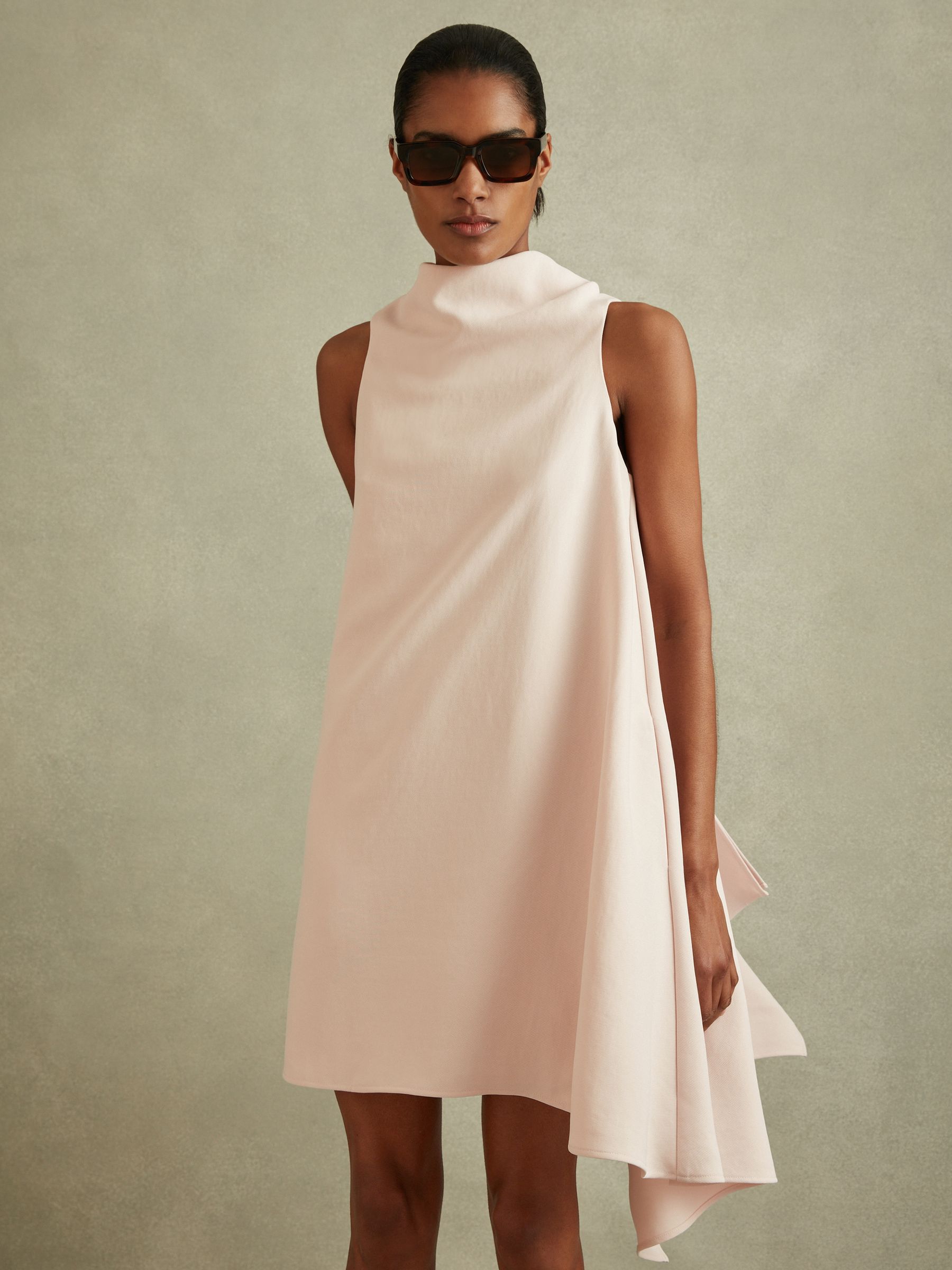 High-Neck Drape Back Mini Dress in Nude - Image 4 of 6