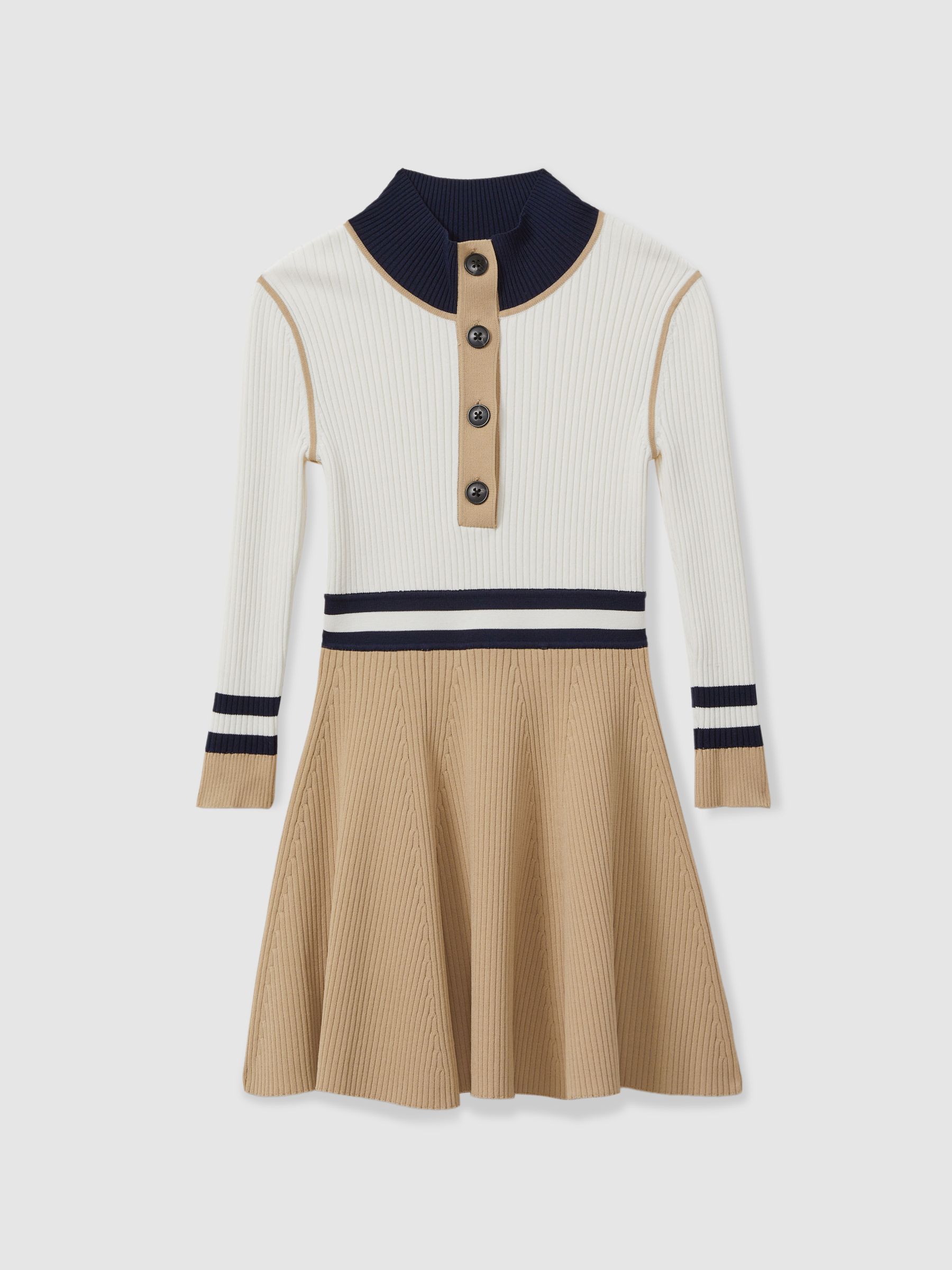 13-14 yrs Knitted Button-Through Funnel Neck Dress in Camel - Image 1 of 4