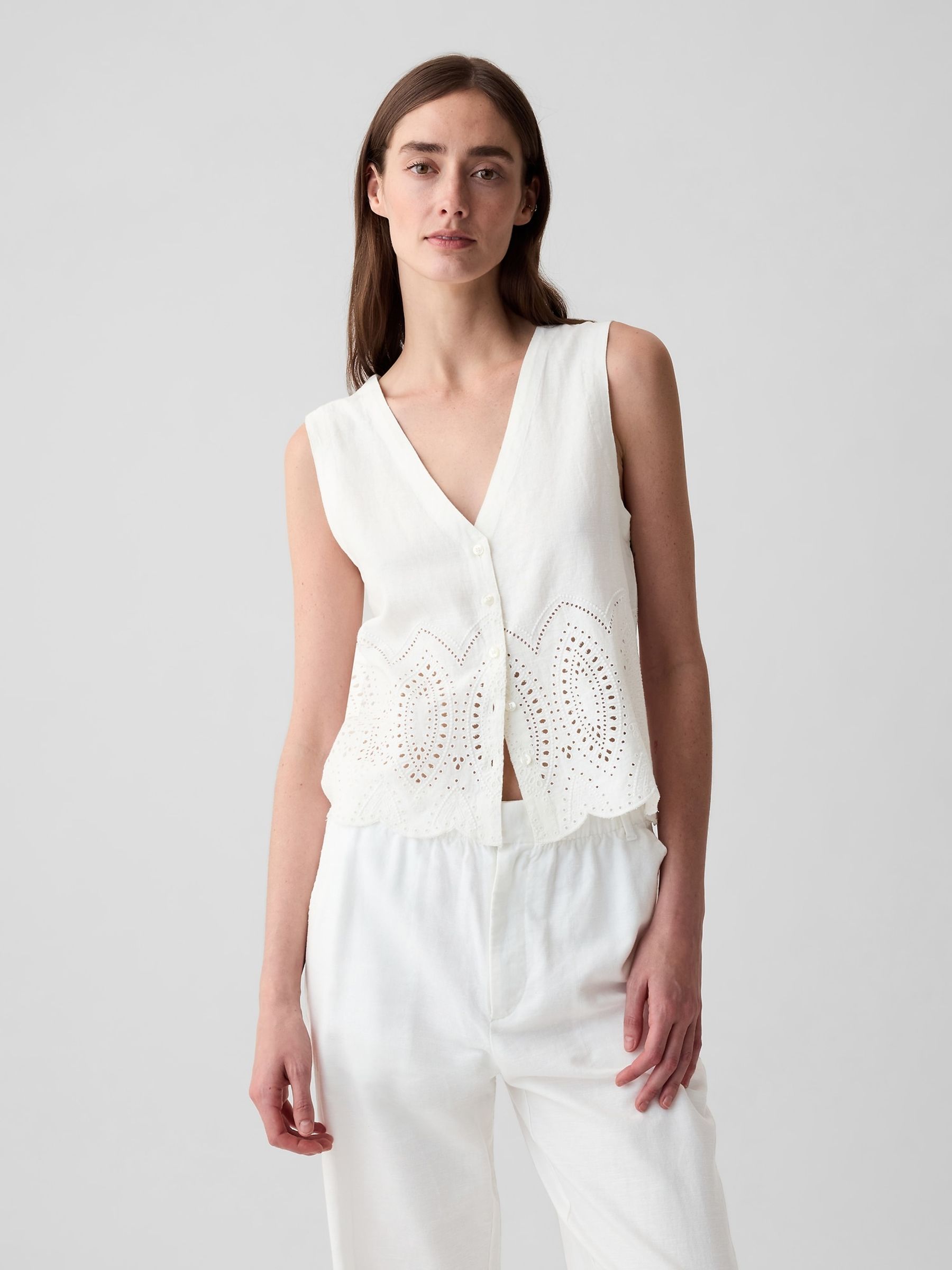 White Linen Blend Waistcoat Vest - Image 1 of 5