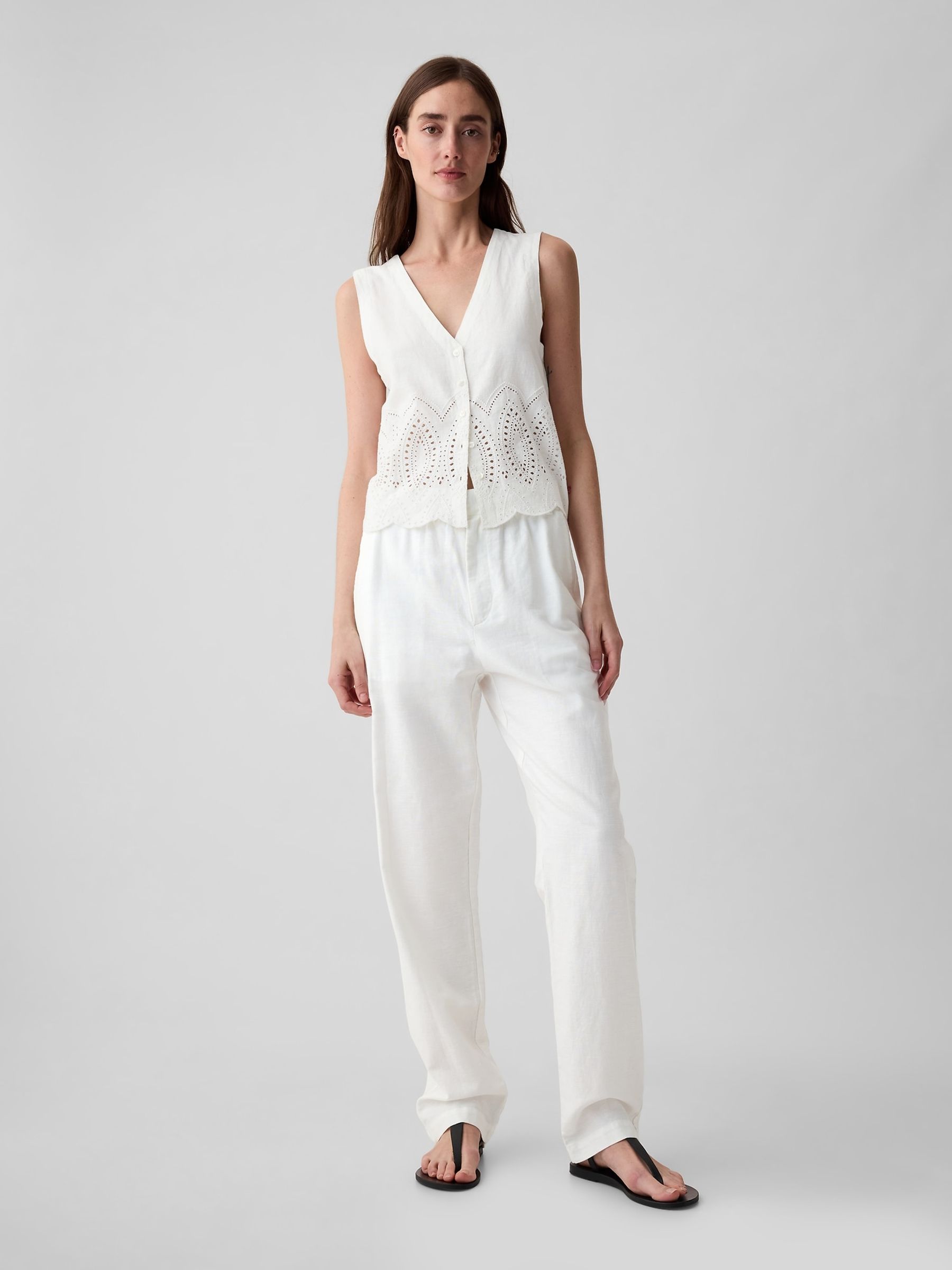 White Linen Blend Waistcoat Vest - Image 3 of 5