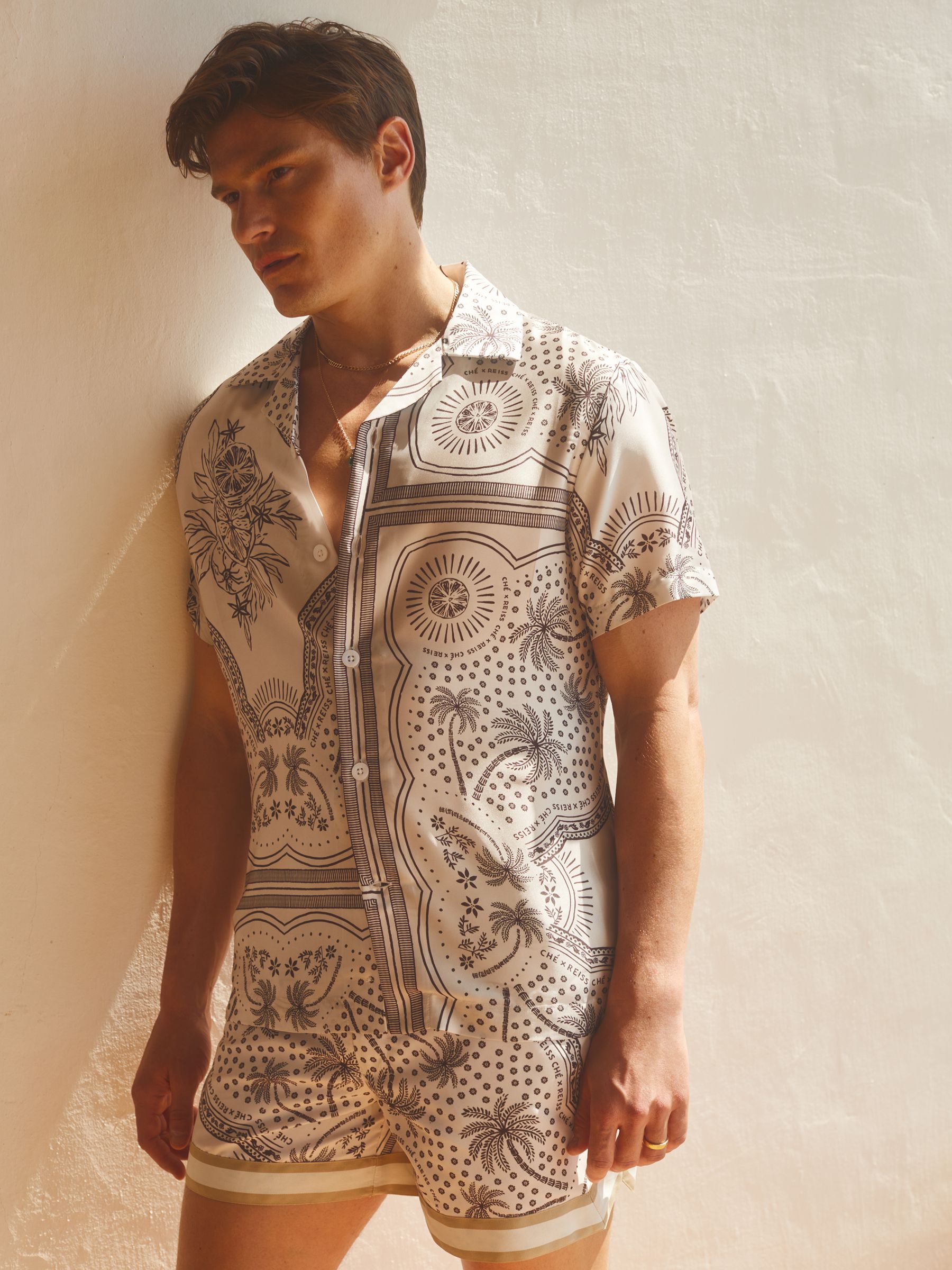 Reiss | Ché Printed Cuban Collar Shirt in Champagne/Brown - Image 3 of 6