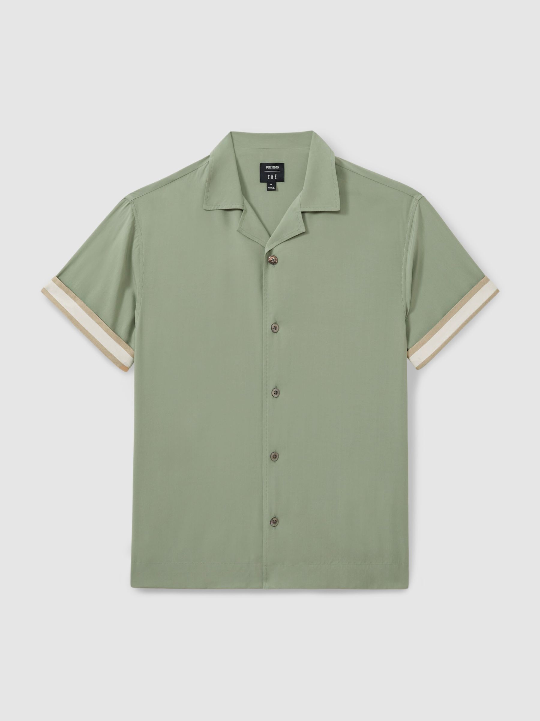 Reiss | Ché Cuff Detail Cuban Collar Shirt in Sage Green - Image 2 of 6