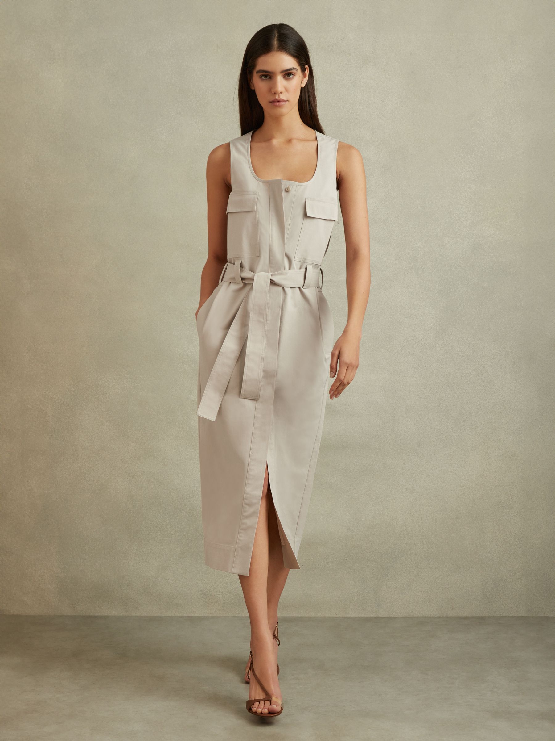 Utility Belted Midi Dress in Stone - Image 1 of 6