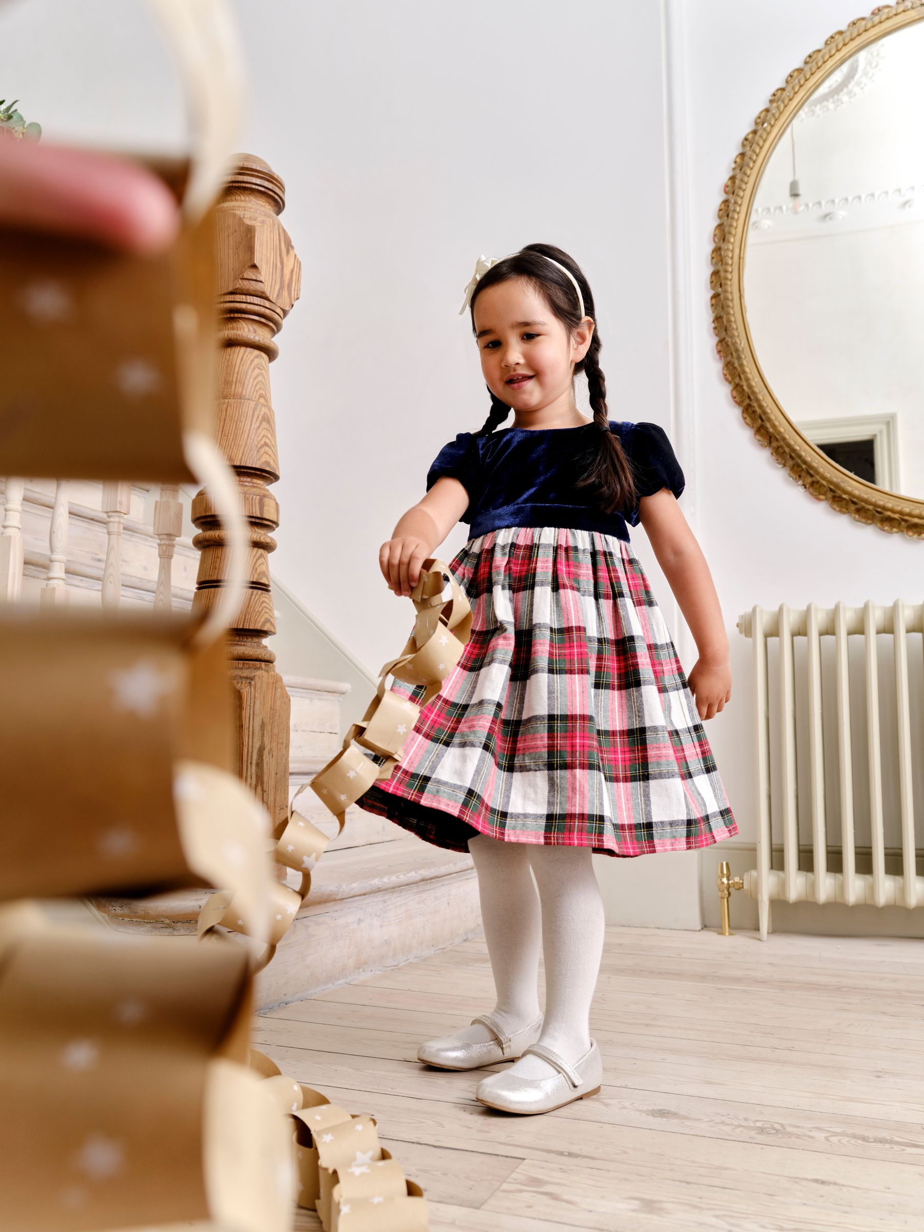 Navy Blue Check & Velvet Party Dress | JoJo Maman Bb USA