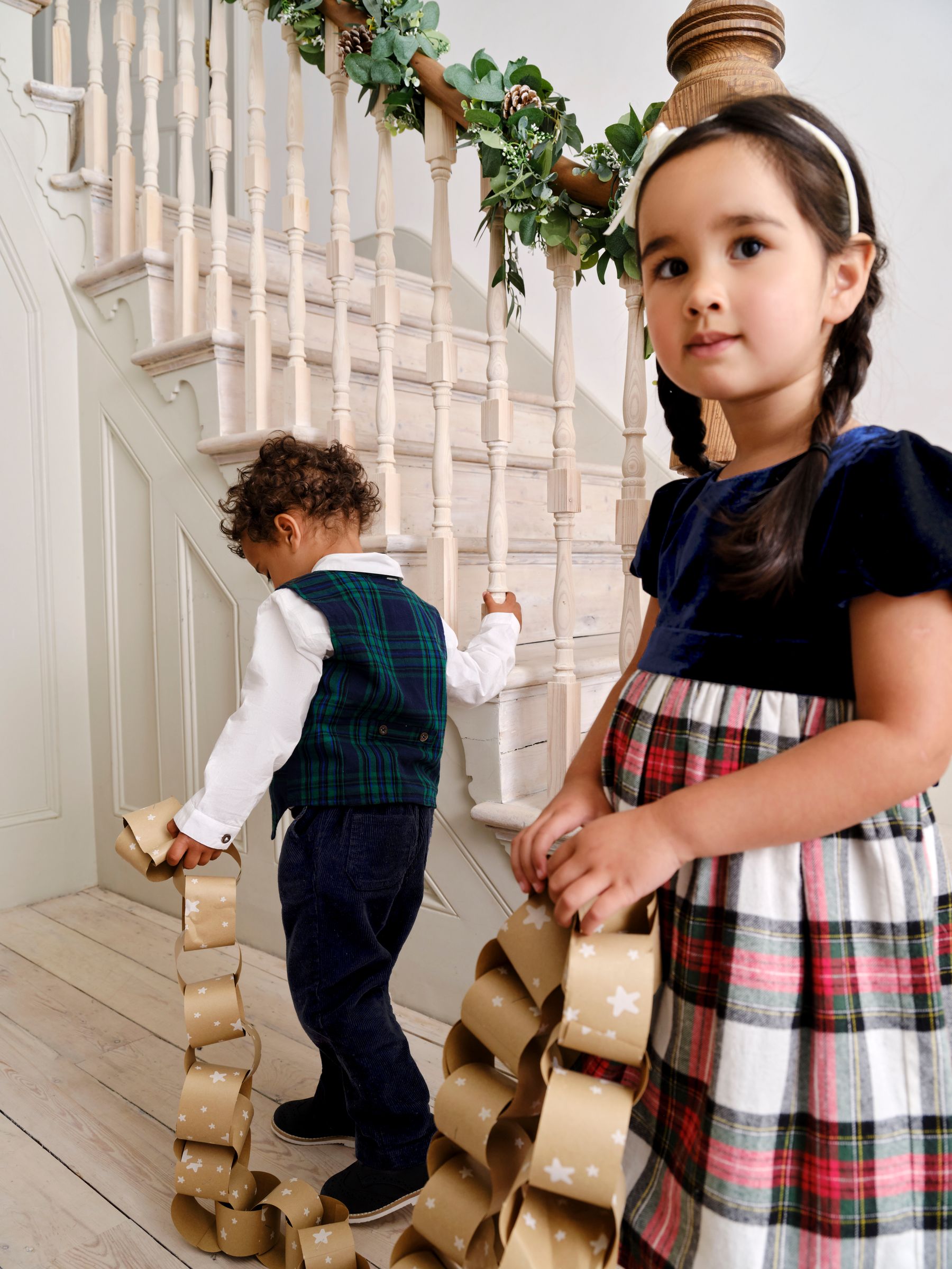Navy Blue Check & Velvet Party Dress - Image 2 of 6