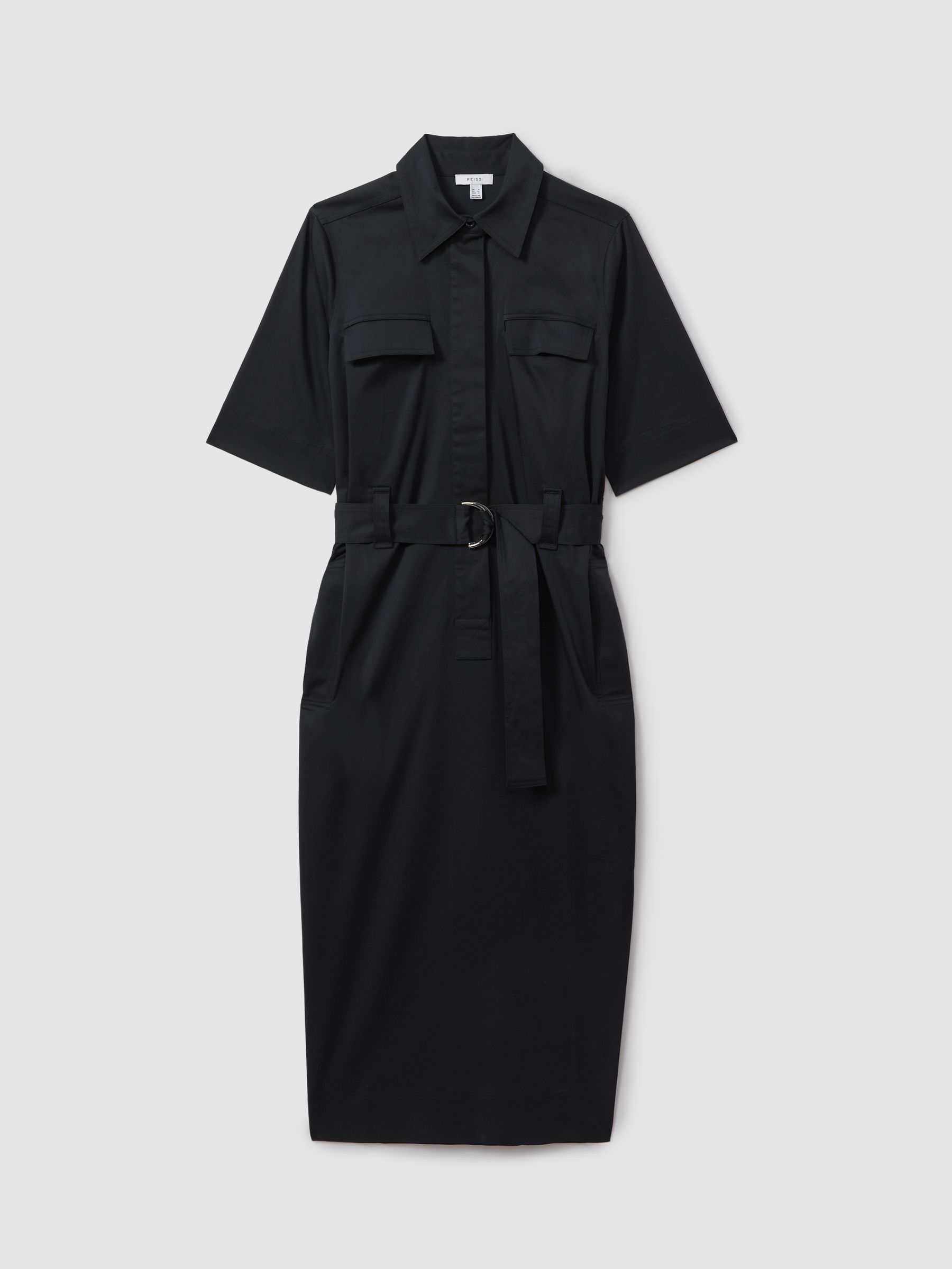 Cotton Blend Utility Belted Midi Dress in Black - Image 2 of 5