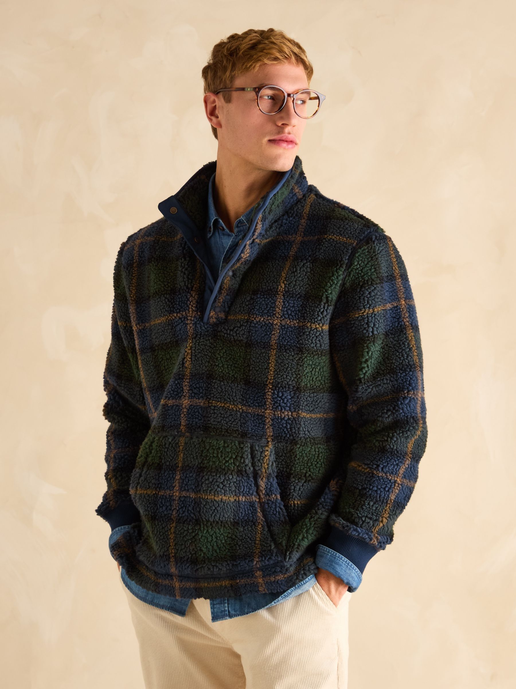 Otis Navy Check Borg Fleece - Image 1 of 8 Otis Navy Check Borg Fleece - Image 1 of 8