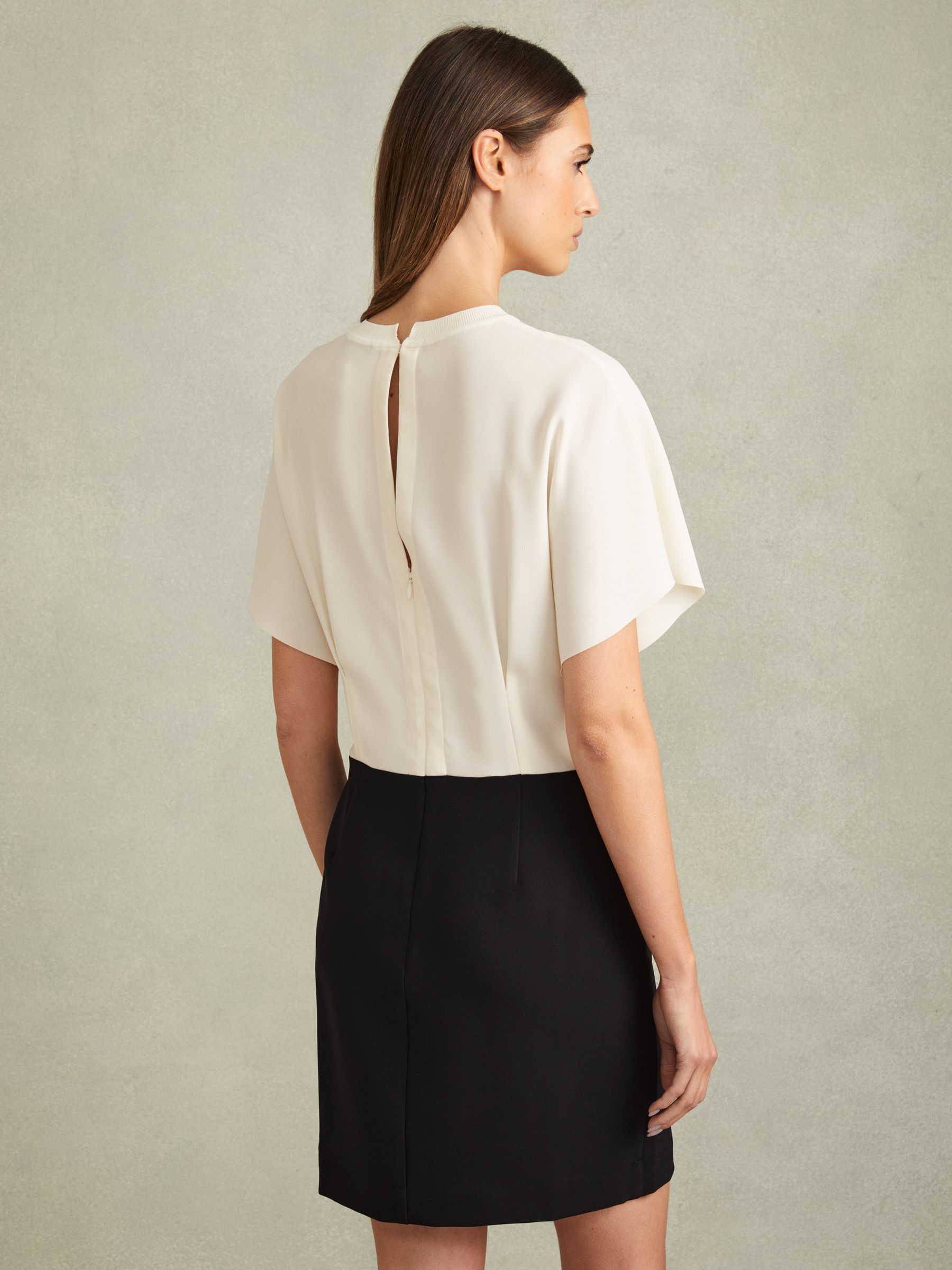 Draped Sleeve Colourblock Mini Dress in Ivory/Black - Image 4 of 5