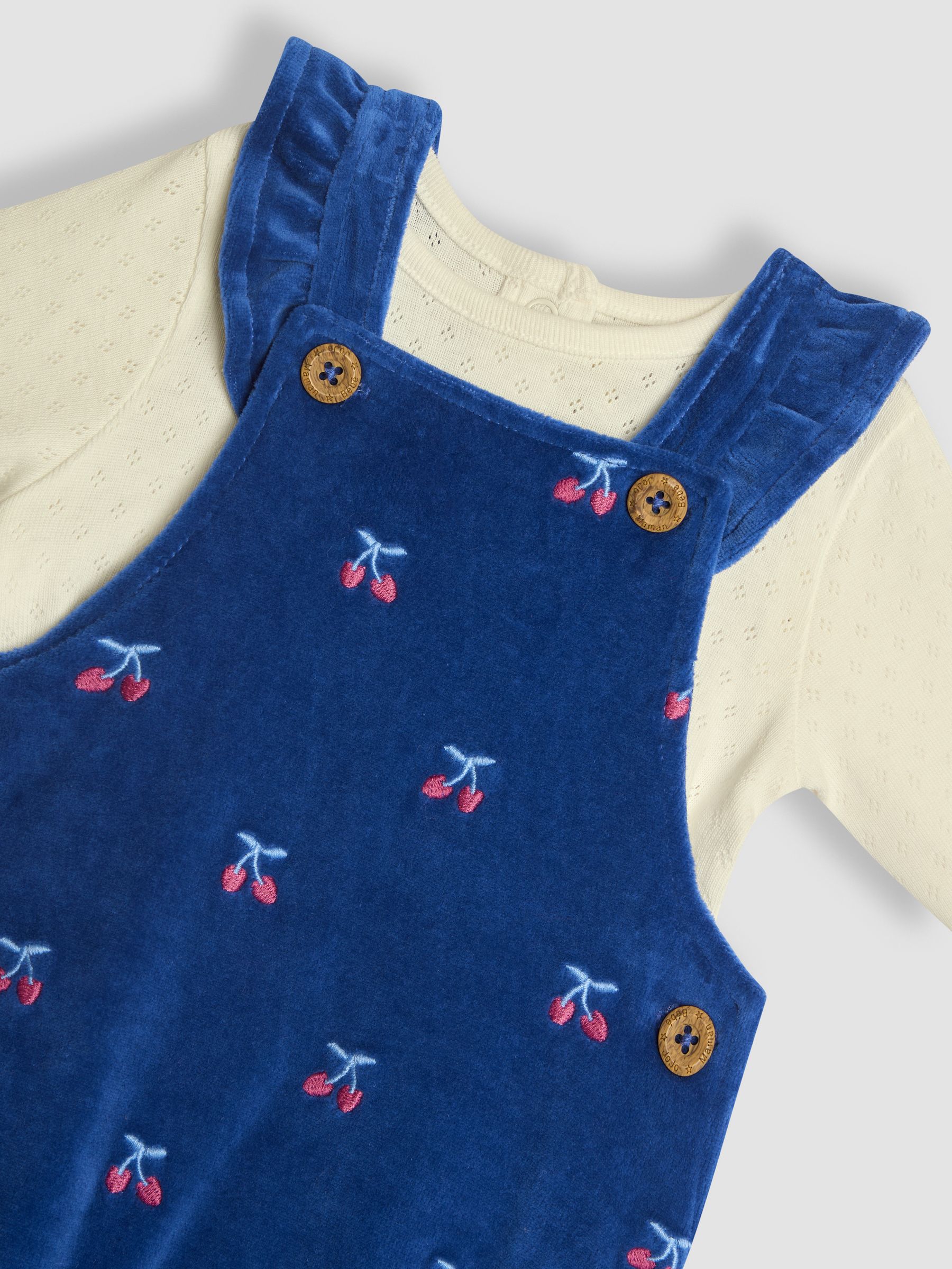 Navy Blue Cherry Embroidered Velour Dungarees and Top Set - Image 6 of 6