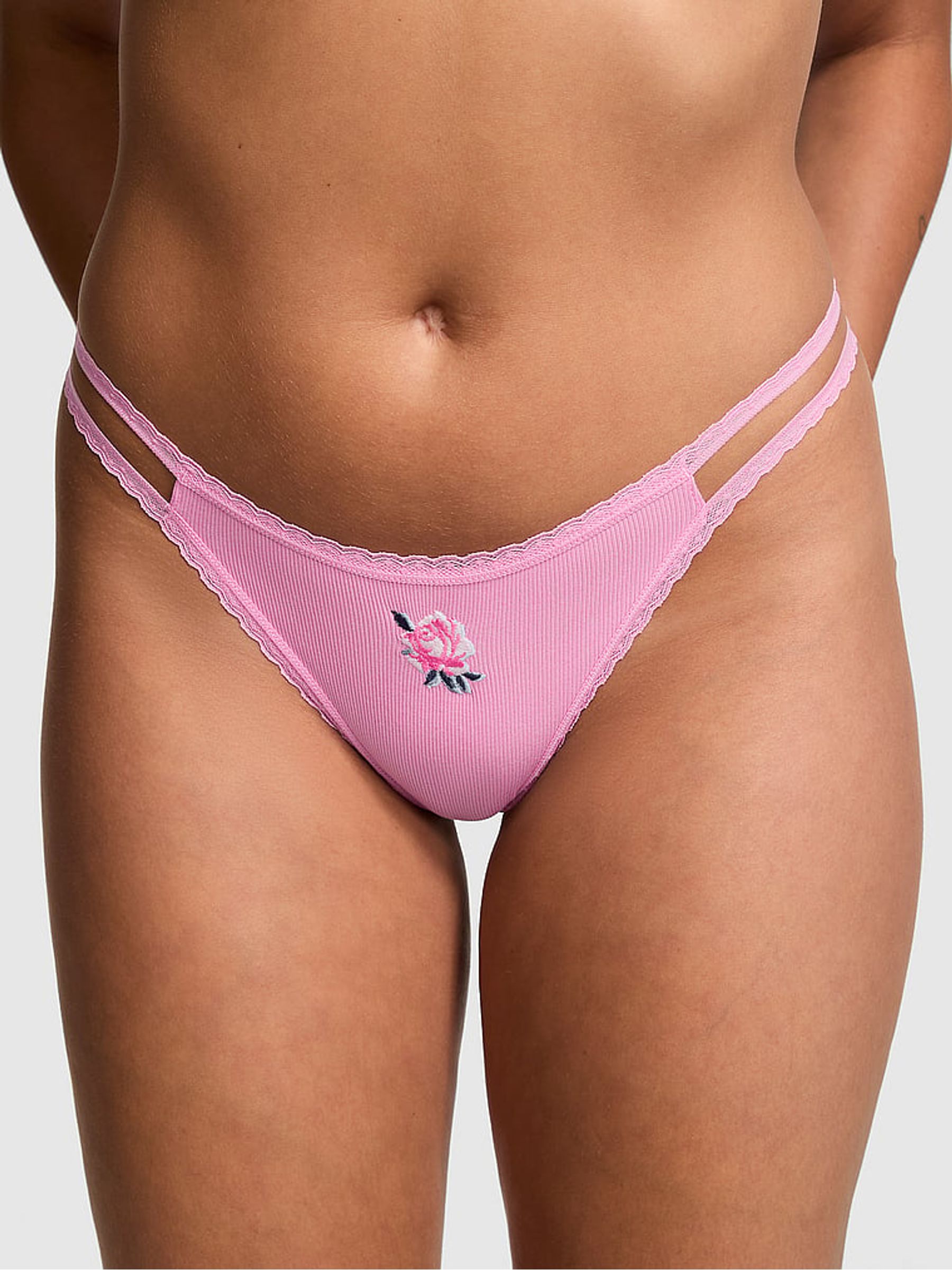 Moonstone Pink Rib Strappy Lace Trim Thong Knickers - Image 1 of 1