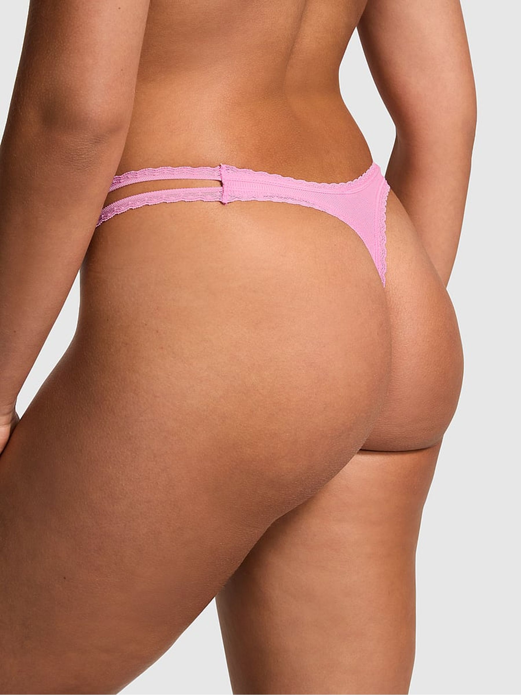 Moonstone Pink Rib Strappy Lace Trim Thong Knickers - Image 2 of 3