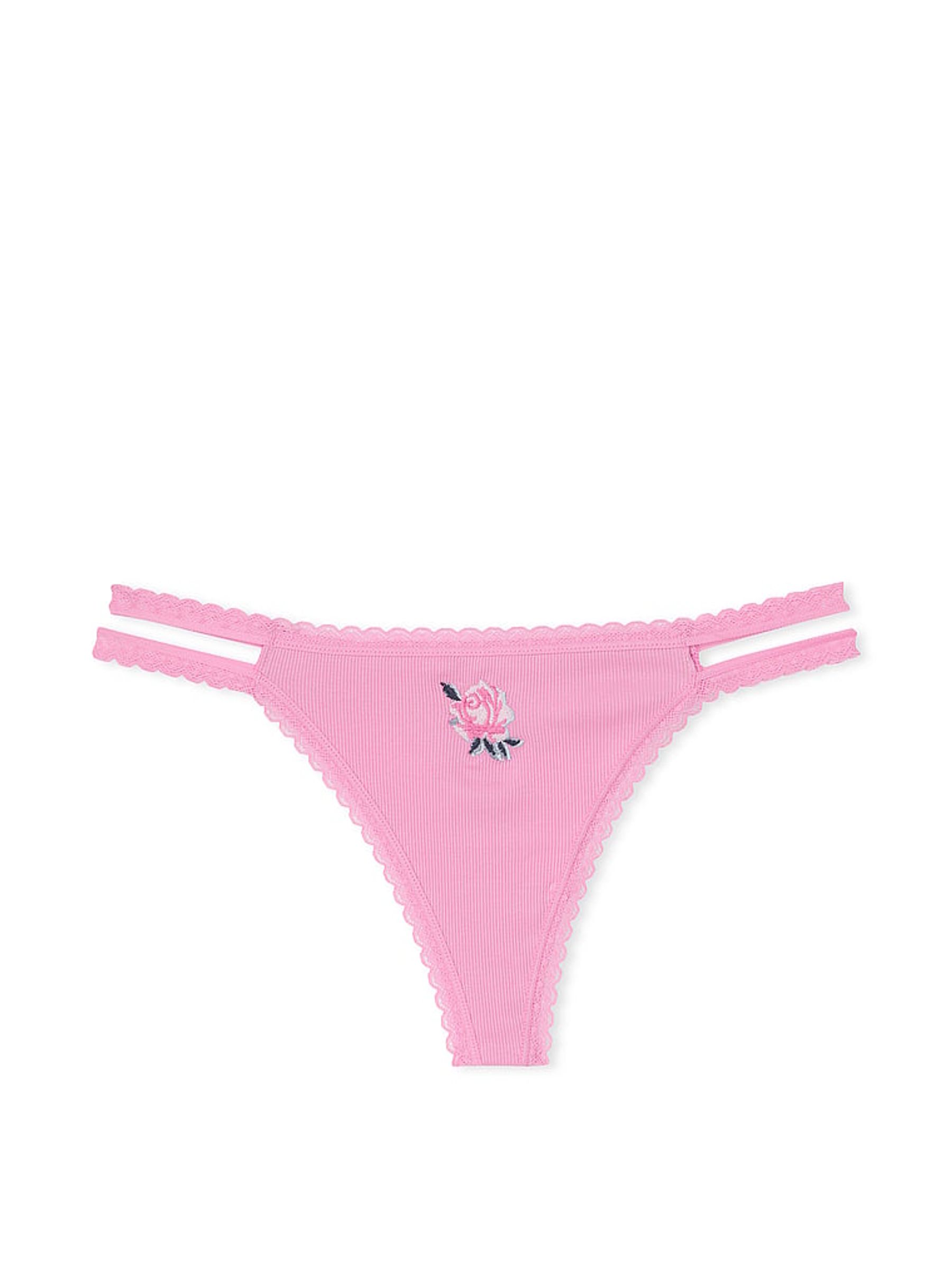 Moonstone Pink Rib Strappy Lace Trim Thong Knickers - Image 3 of 3