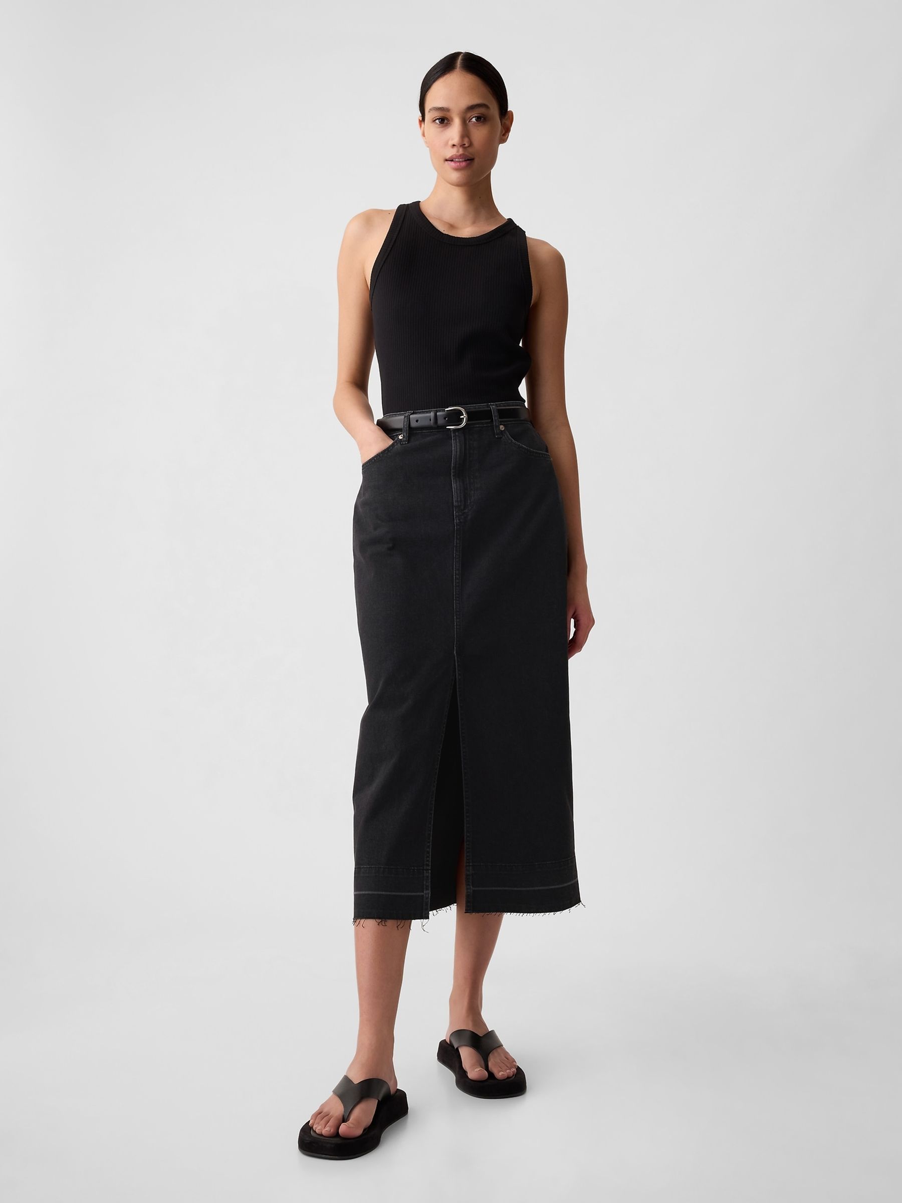 Black Denim Midi Skirt Gap