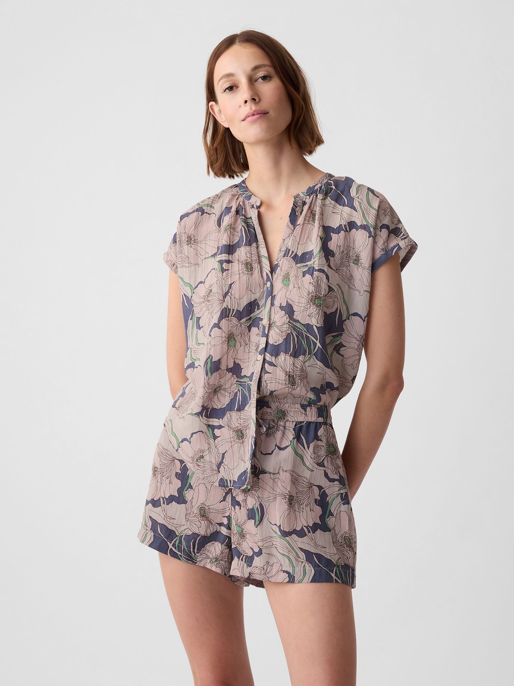 Blue Floral Crinkle Cotton Short Sleeve Pyjama Top - Image 1 of 4