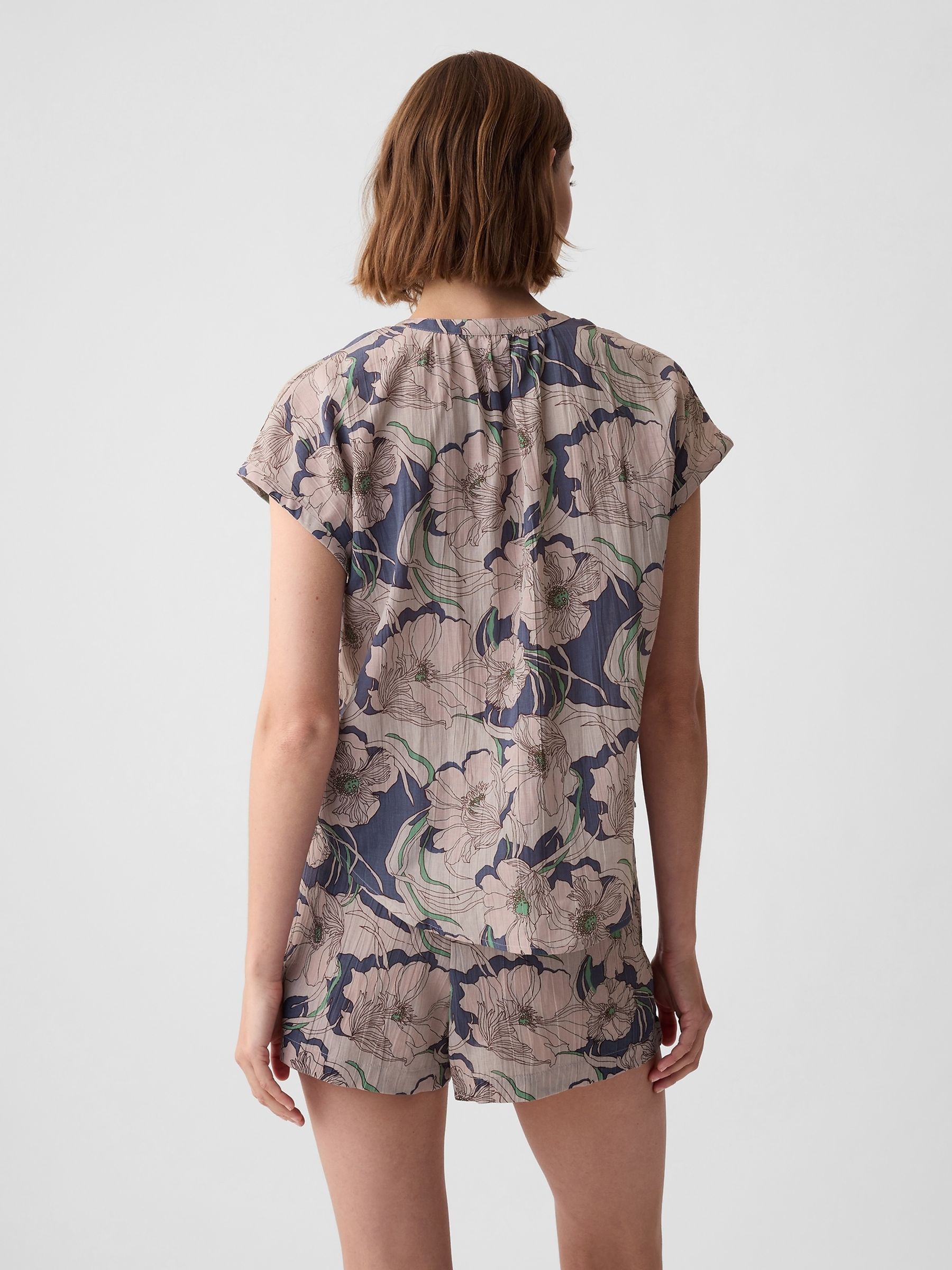 Blue Floral Crinkle Cotton Short Sleeve Pyjama Top - Image 2 of 4