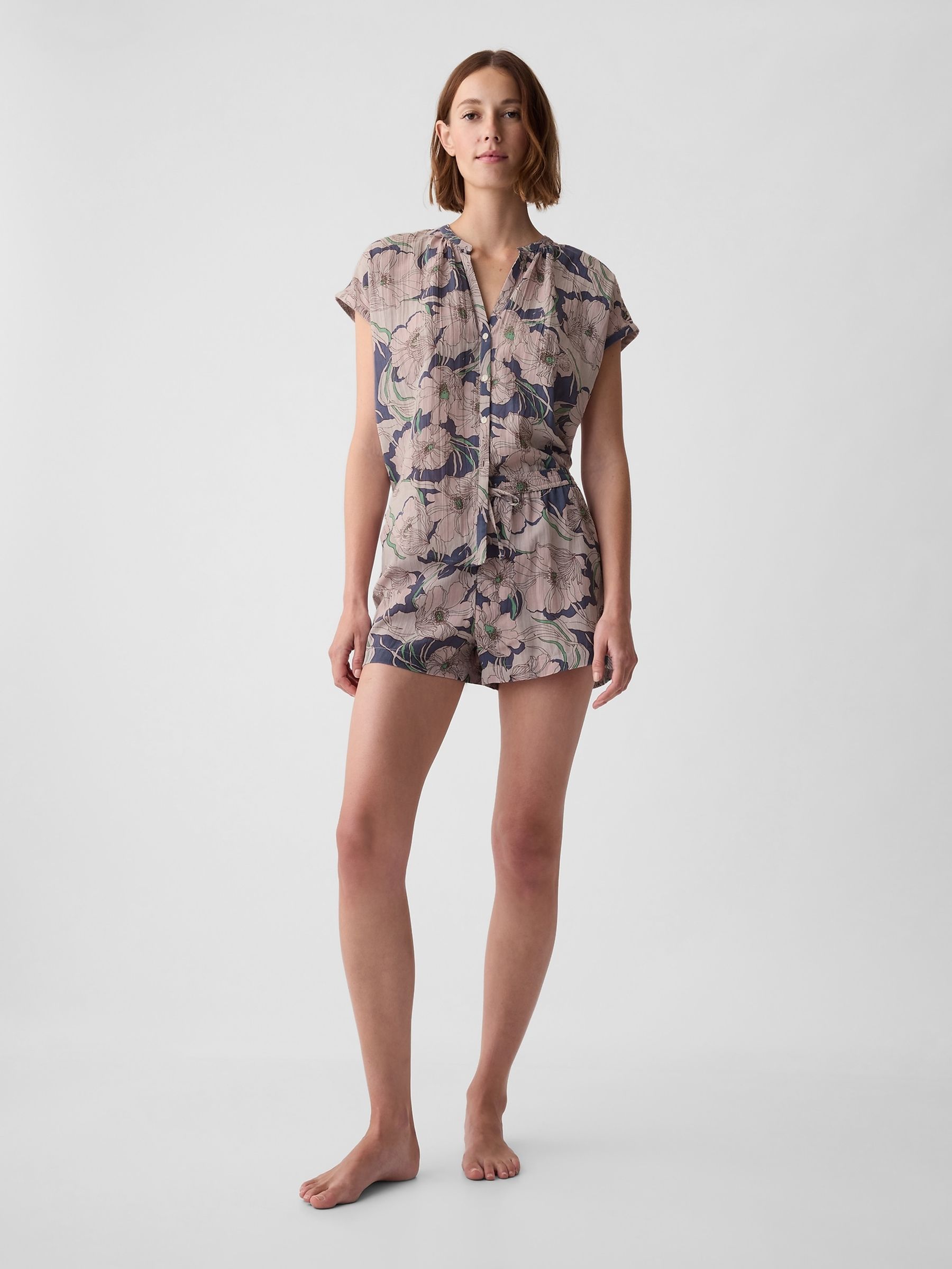 Blue Floral Crinkle Cotton Short Sleeve Pyjama Top - Image 3 of 4