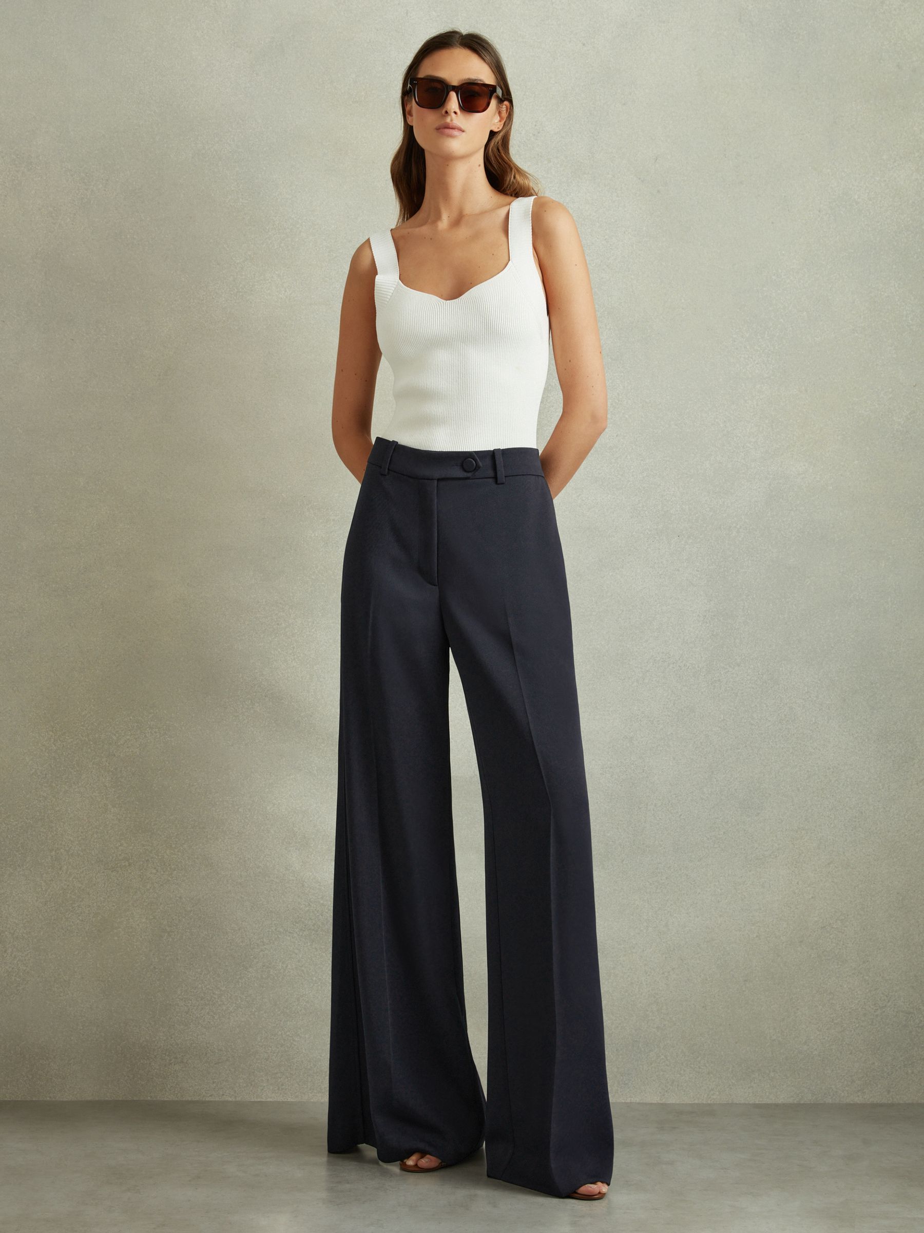 Wide Leg Split Hem Trousers in Navy - Image 1 of 6