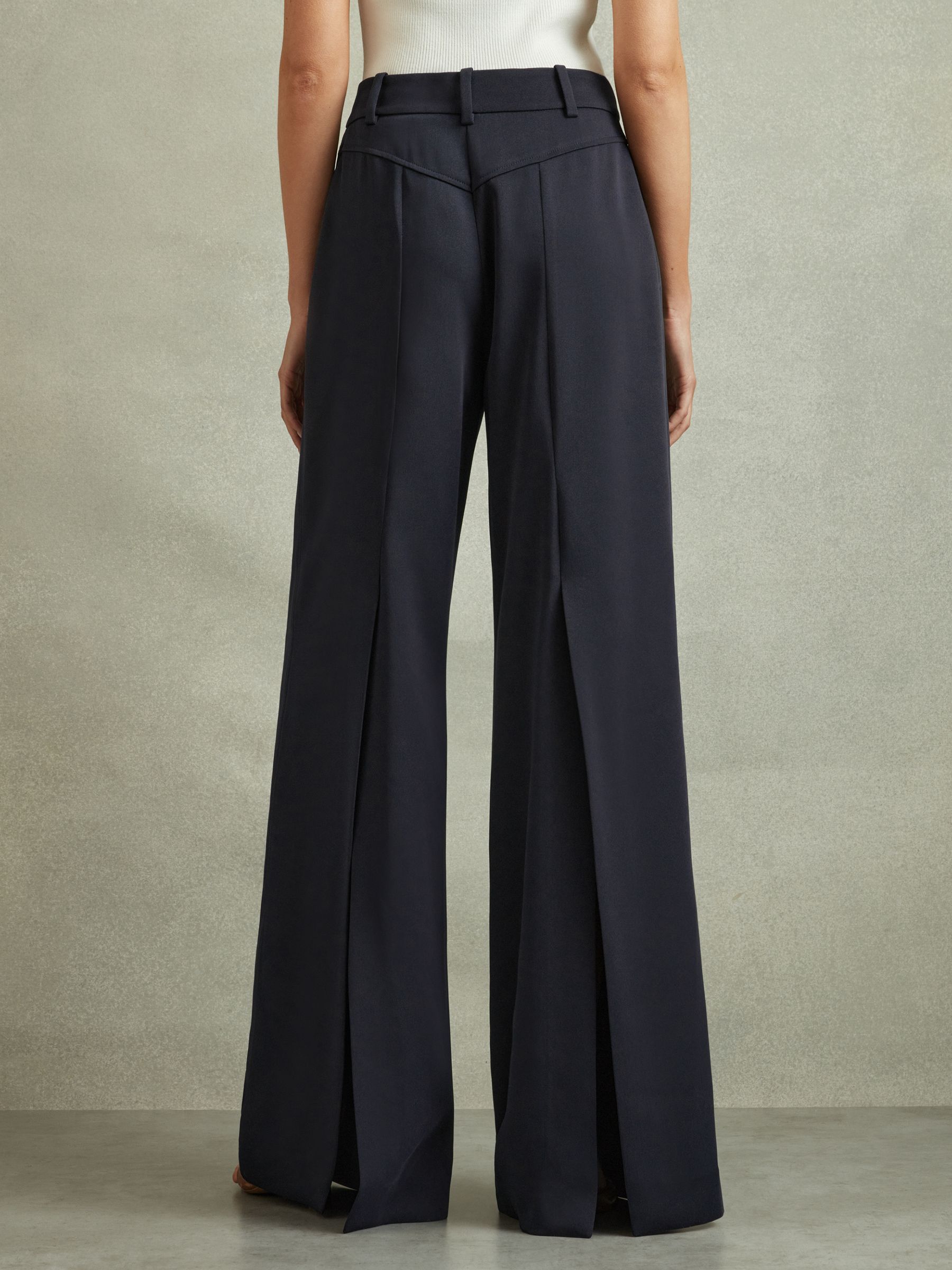 Reiss Wide Leg Split Hem Trousers in Navy | REISS