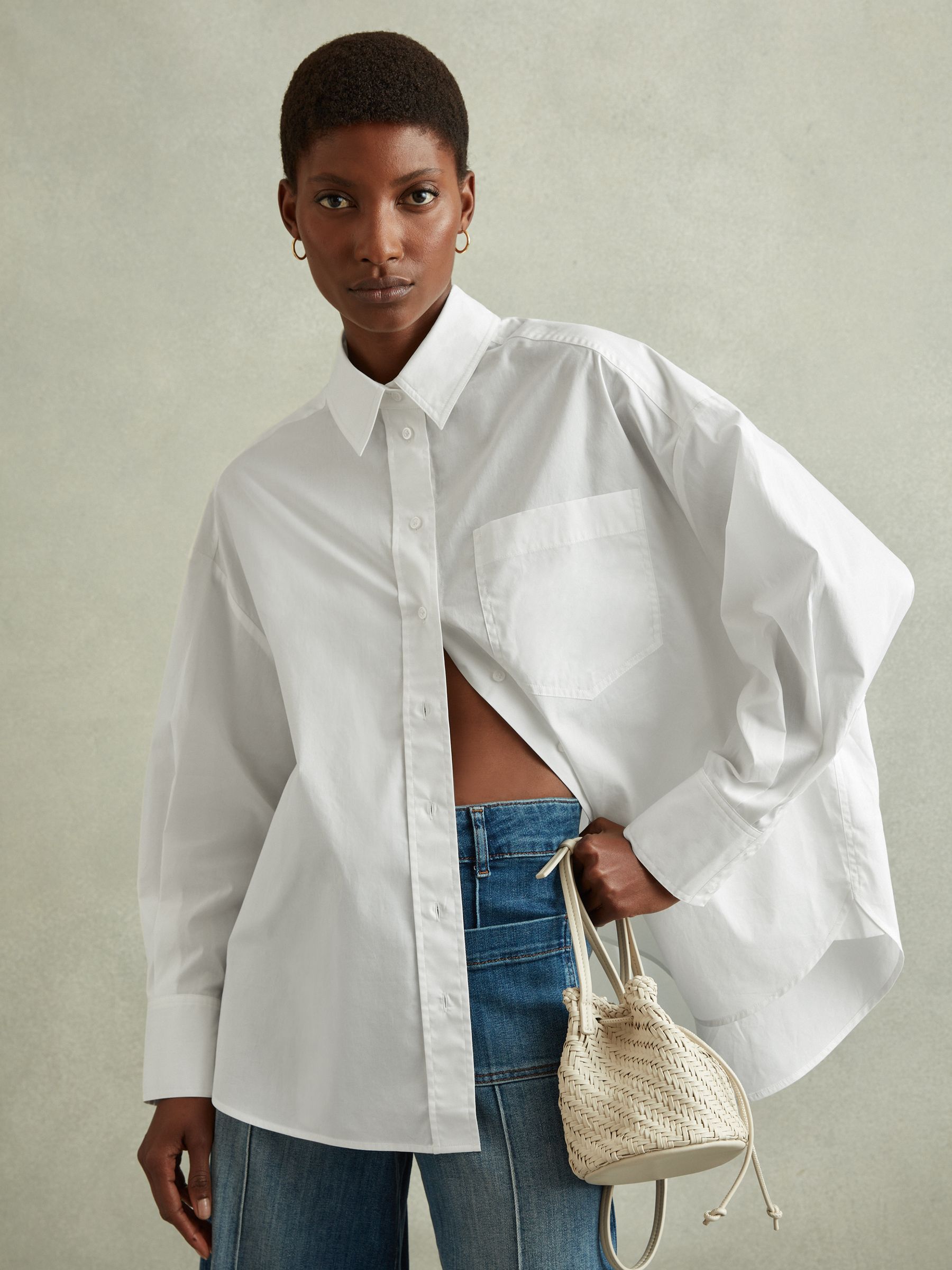 Oversized Cotton Button-Through Shirt in White - Image 1 of 5