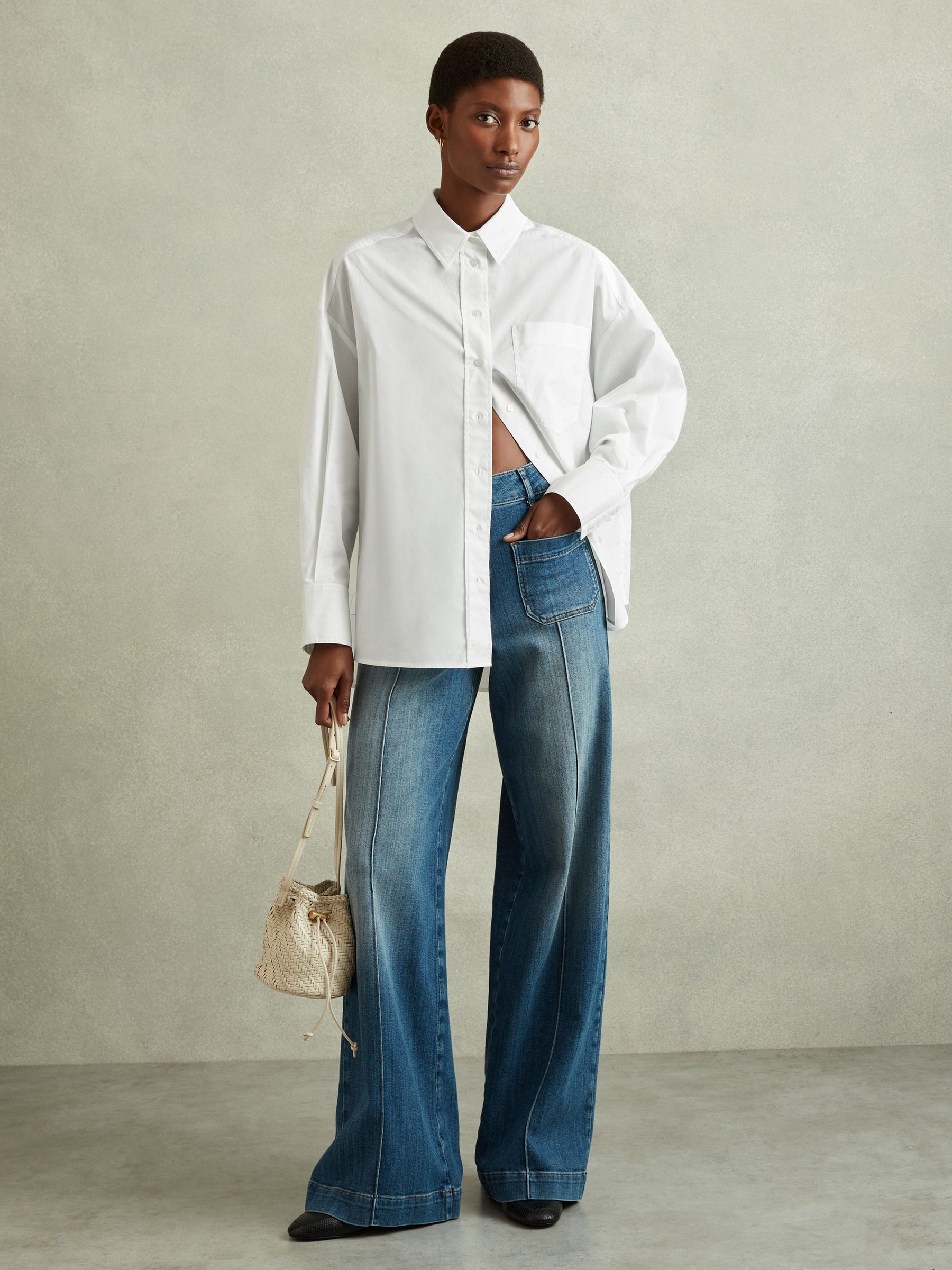 Oversized Cotton Button-Through Shirt in White - Image 3 of 5