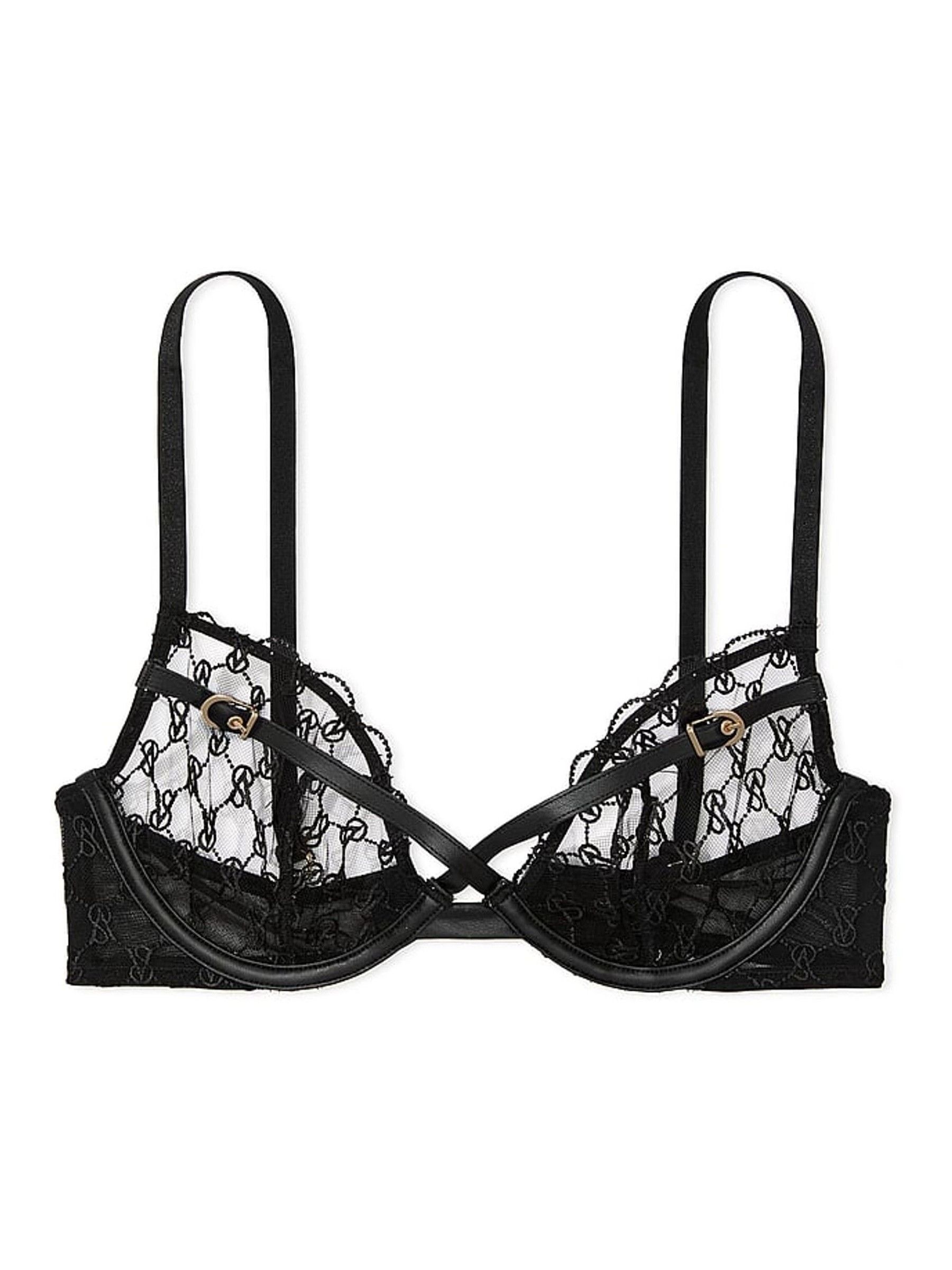 Black Unlined Demi Faux Leather Monogram Bra - Image 1 of 1