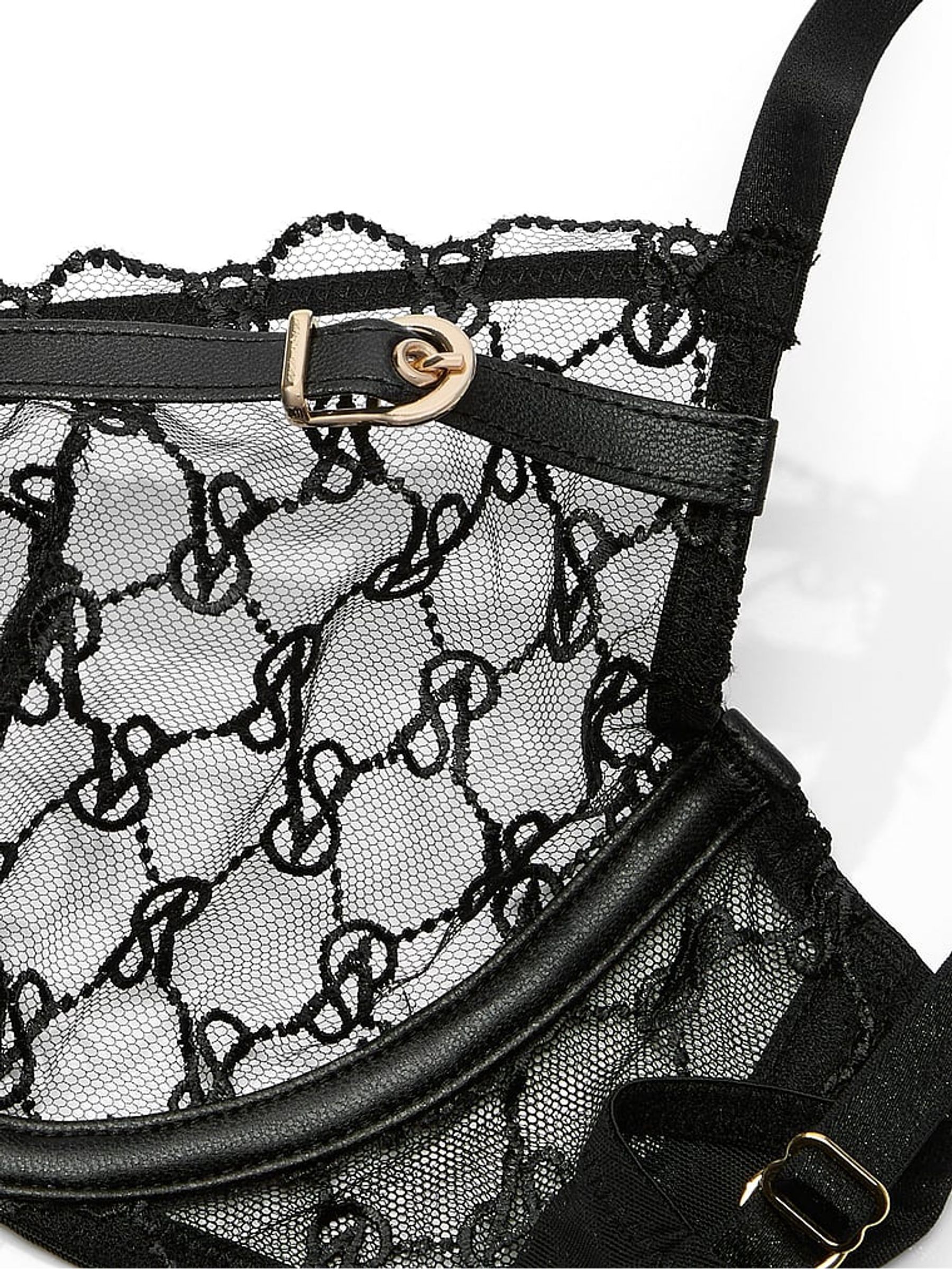 Black Unlined Demi Faux Leather Monogram Bra - Image 2 of 2