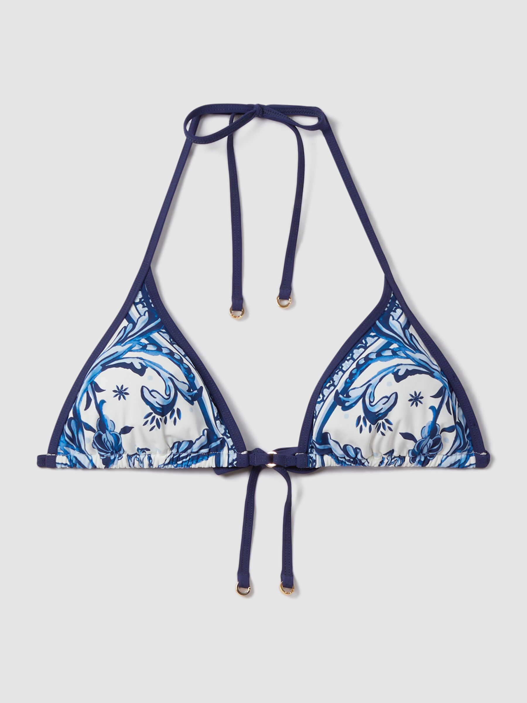 Printed Contrast Trim Bikini Top in Blue Print - Image 2 of 5 Printed Contrast Trim Bikini Top in Blue Print - Image 2 of 5