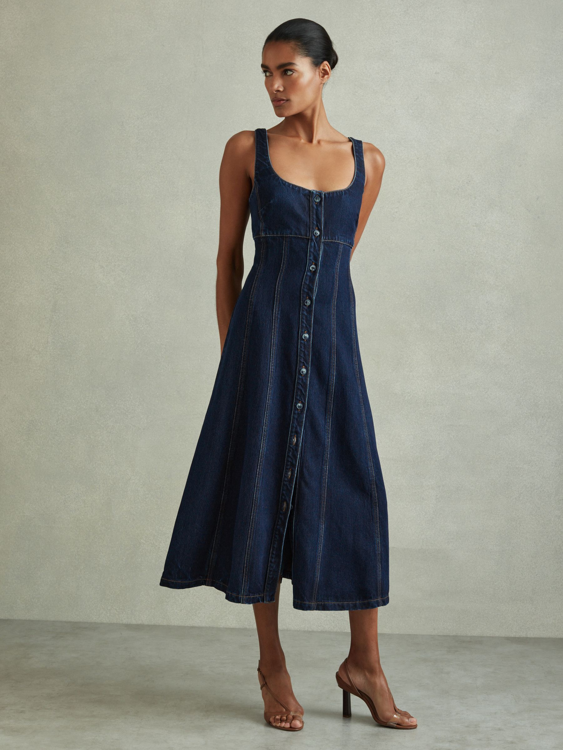 Reiss Lyle Dark Blue A-Line Viscose Blend Denim Midi Dress | REISS