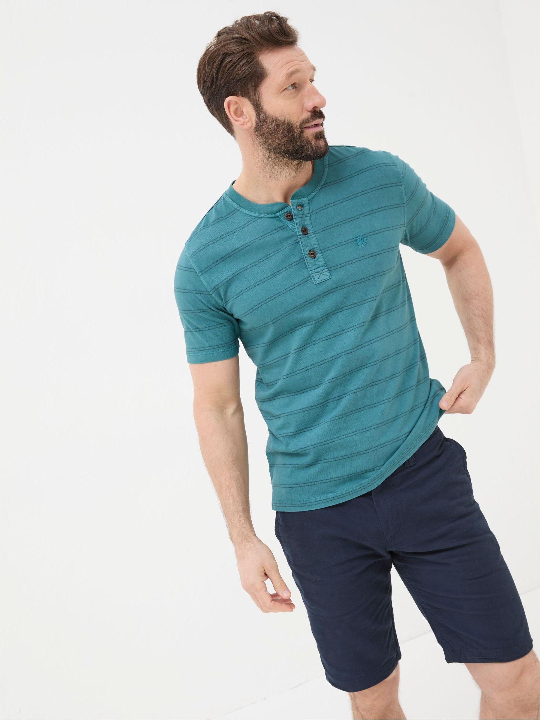 Blue Short Sleeve Stripe Henley T-Shirt - Image 1 of 5