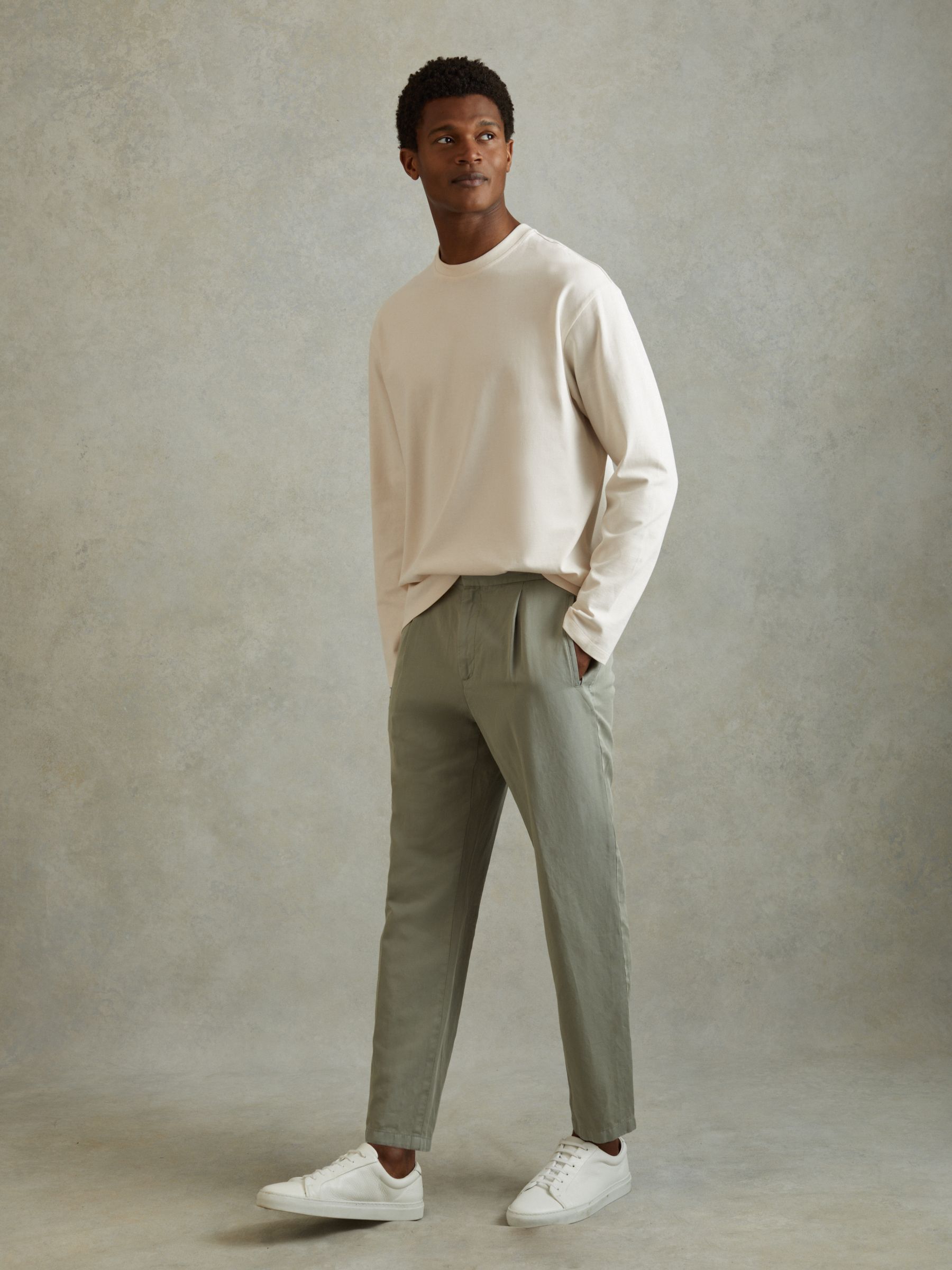 Cotton Crew Neck Long Sleeve T-Shirt in Off White - Image 3 of 6